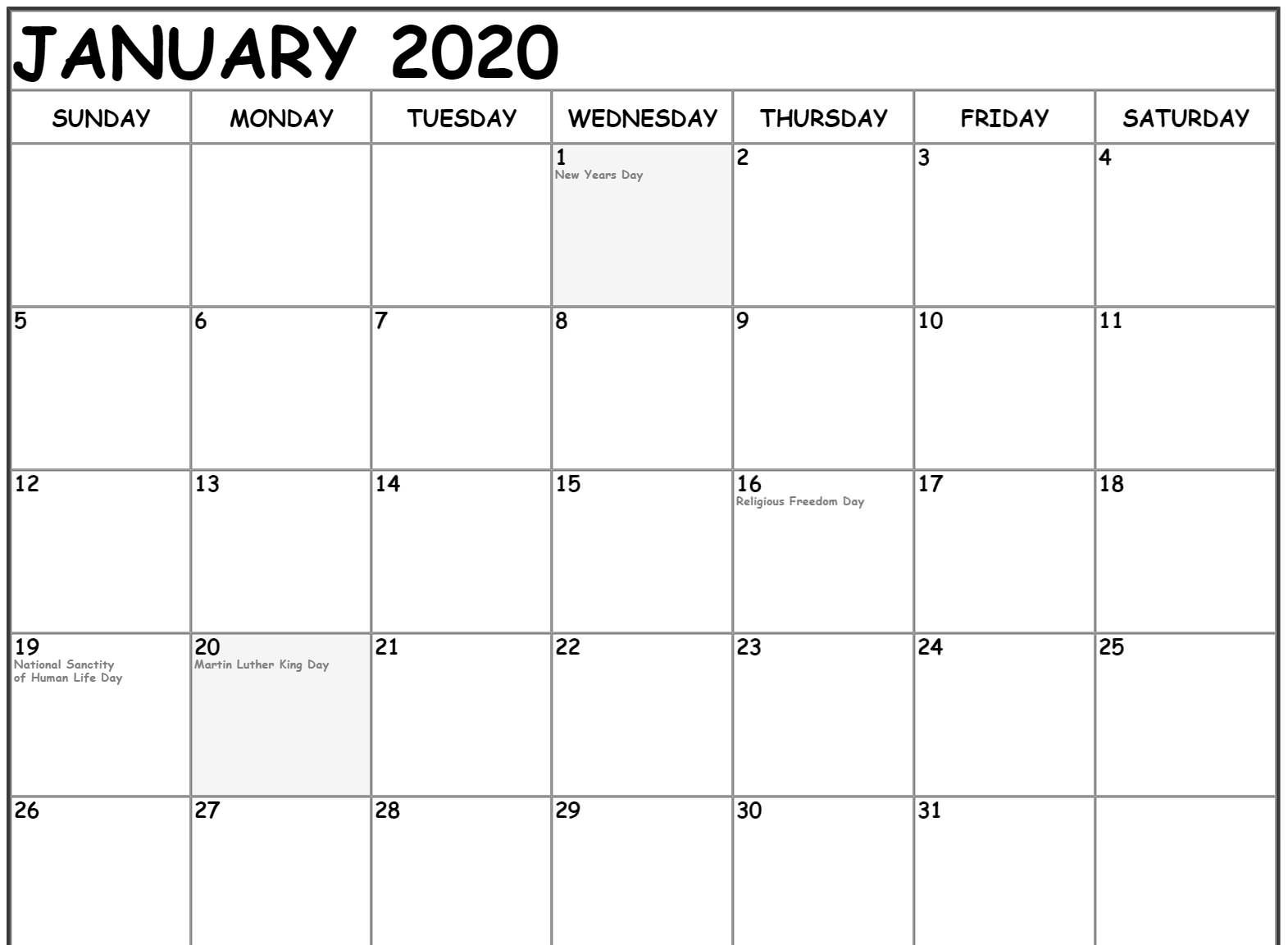 Free January Calendar 2020 Printable Template Download 1