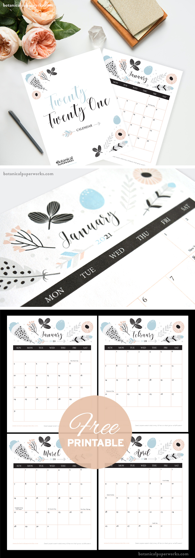 Free Printable 2021 Calendars | Botanical Paperworks