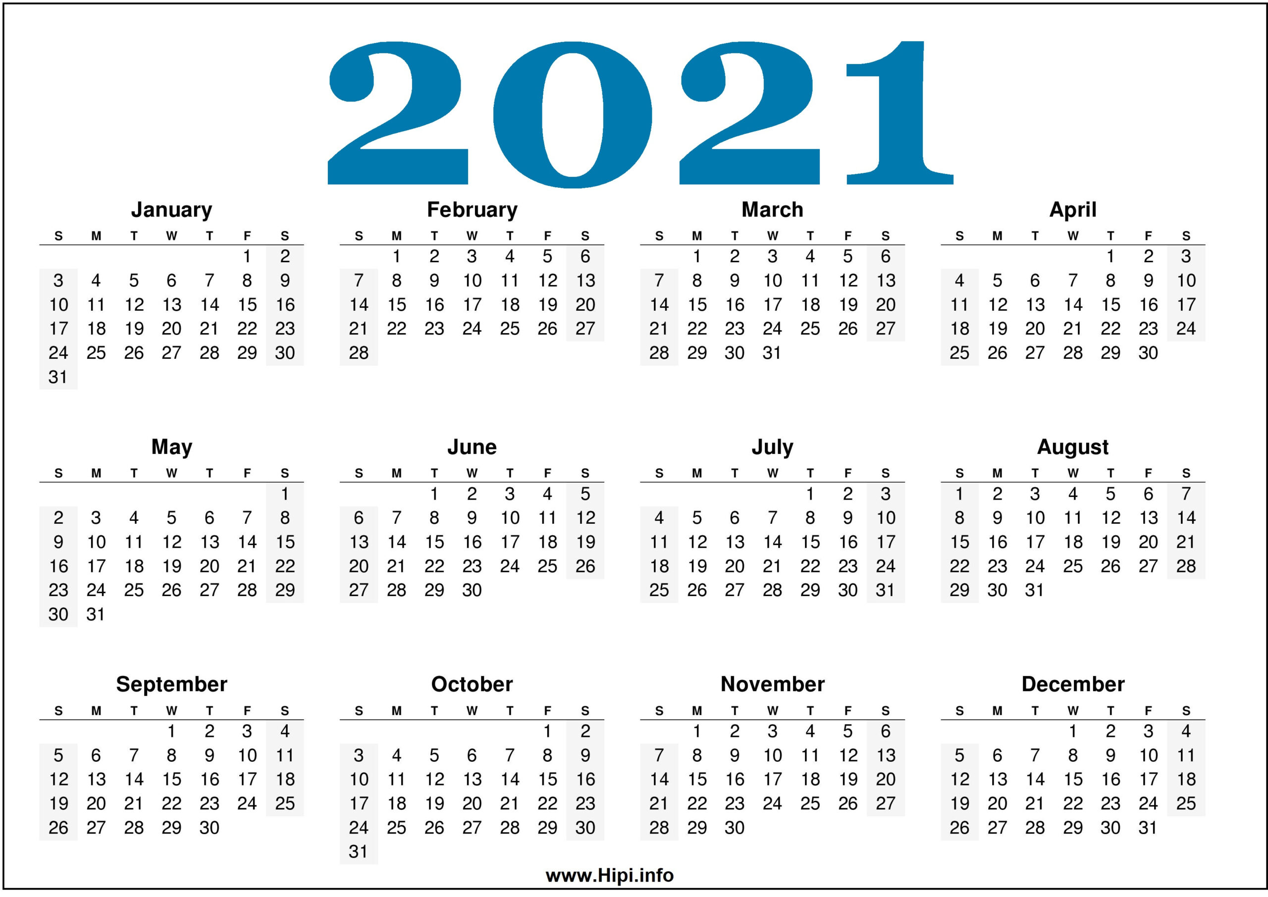 Free Printable 2021 Calendars Horizontal - Hipi