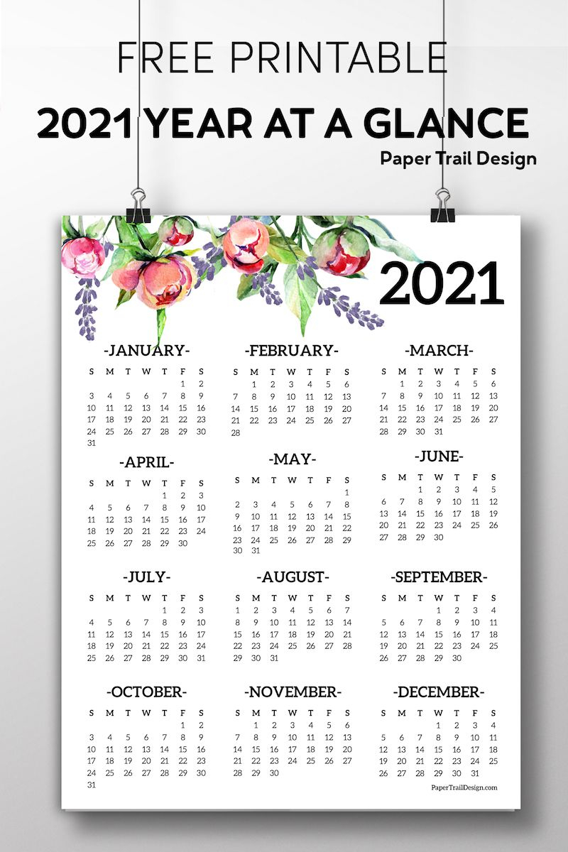 Free Printable 2021 One Page Floral Calendar | Paper Trail