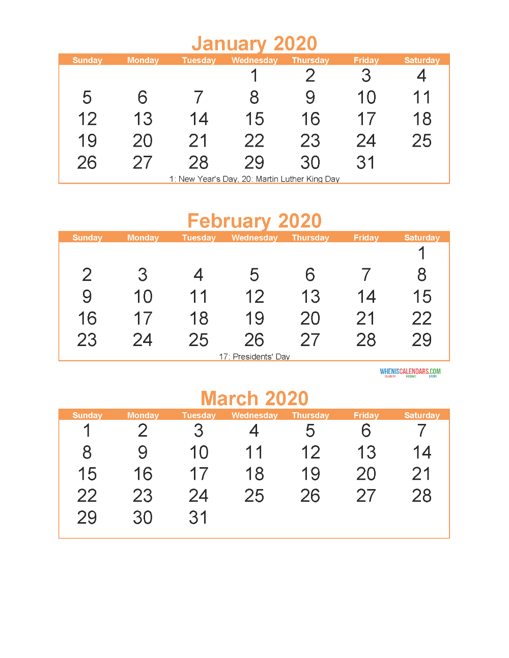 Free Printable 3 Month Calendar 2020 January February March