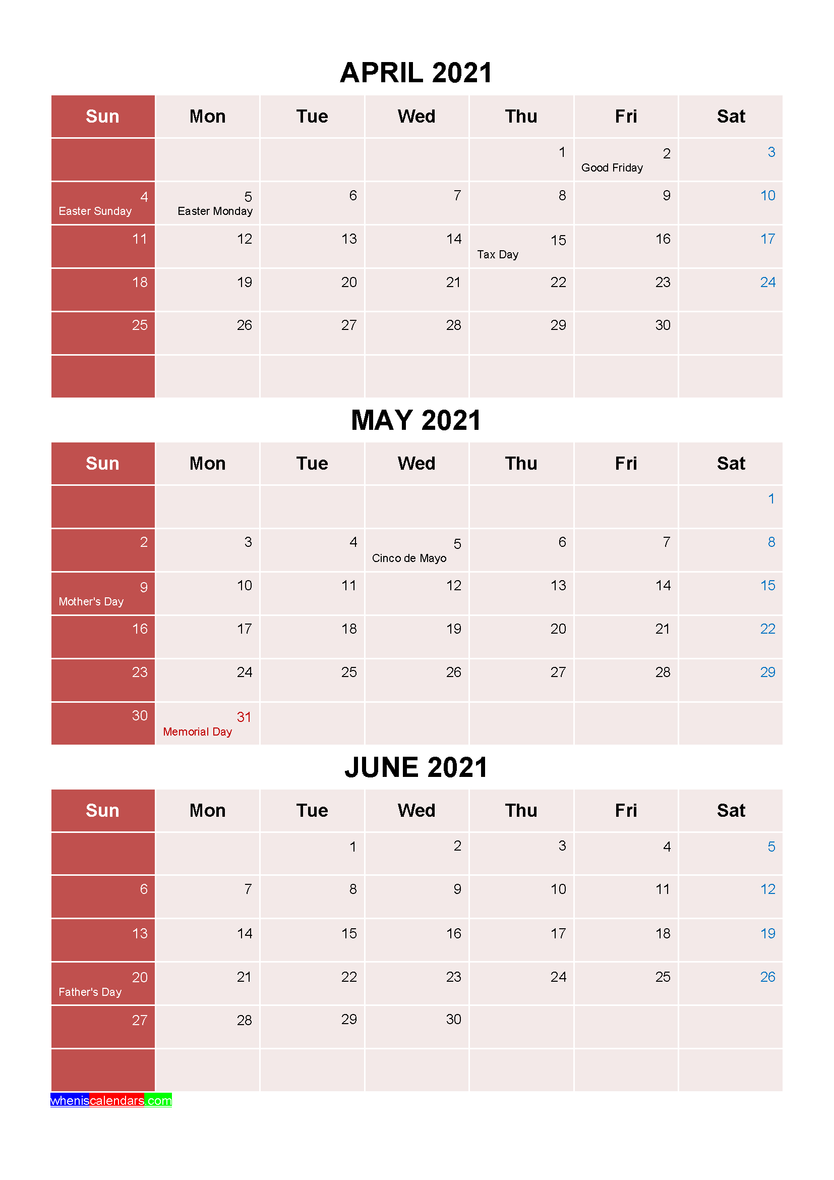 Free Printable April May June 2021 Calendar 3 Months 1 Page