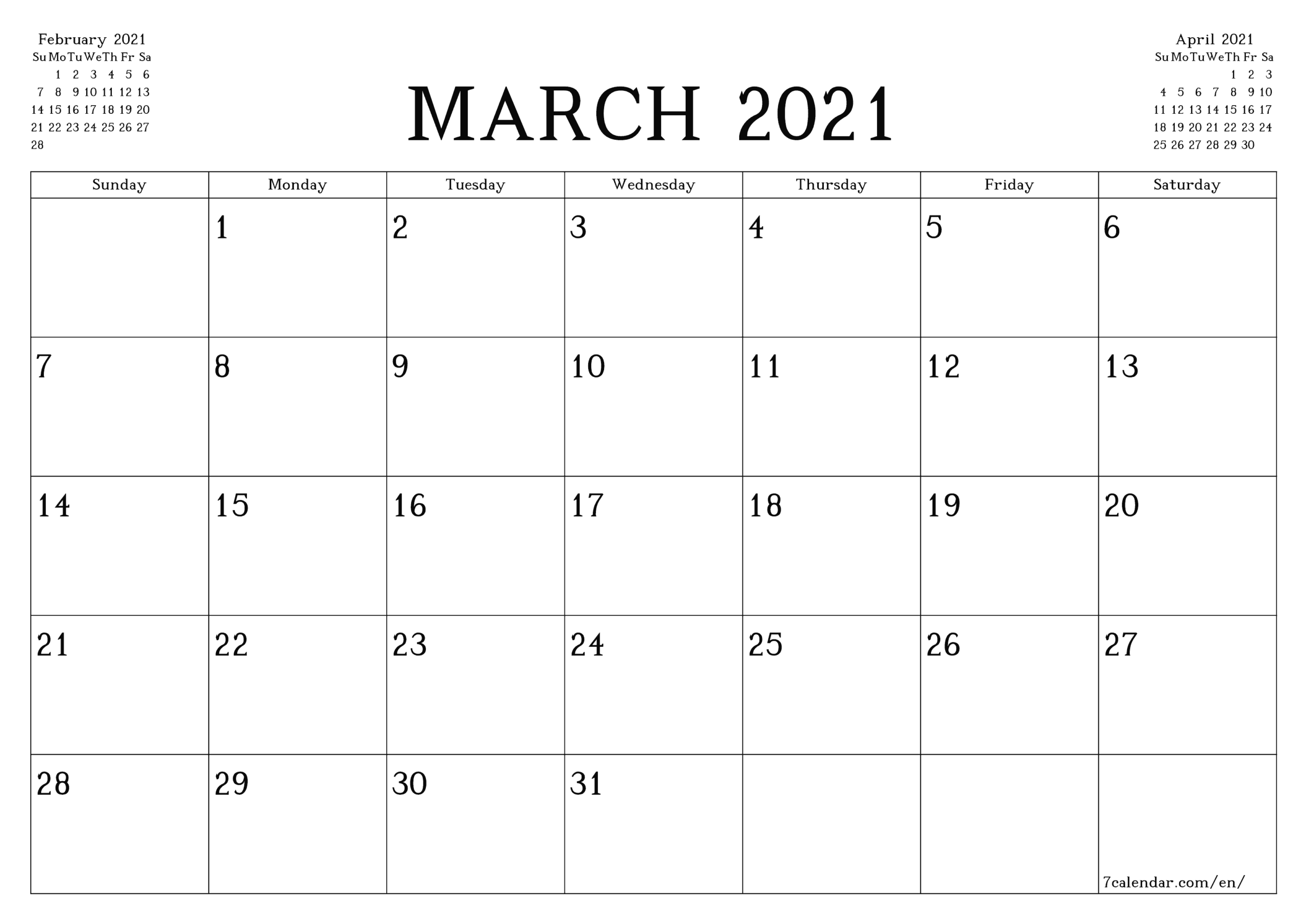 Free Printable Blank Monthly Calendar And Planner For March