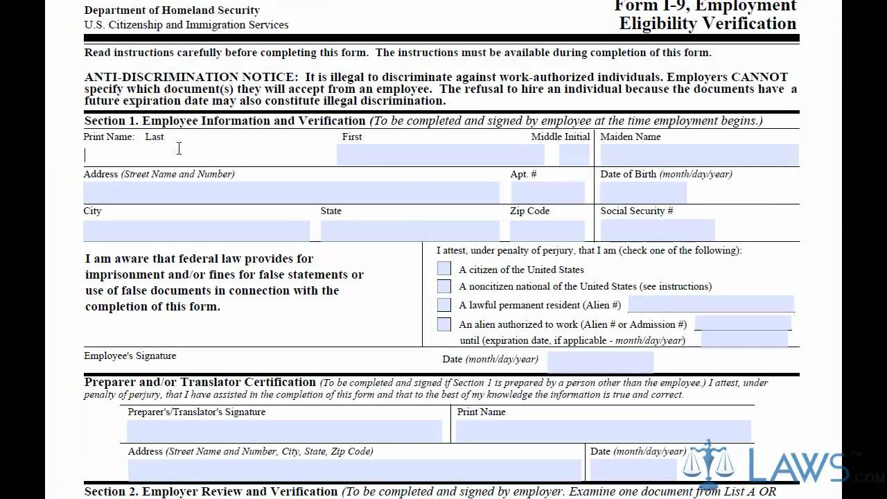 Free Printable I-9 Form | I-9 Form 2020 Printable Form