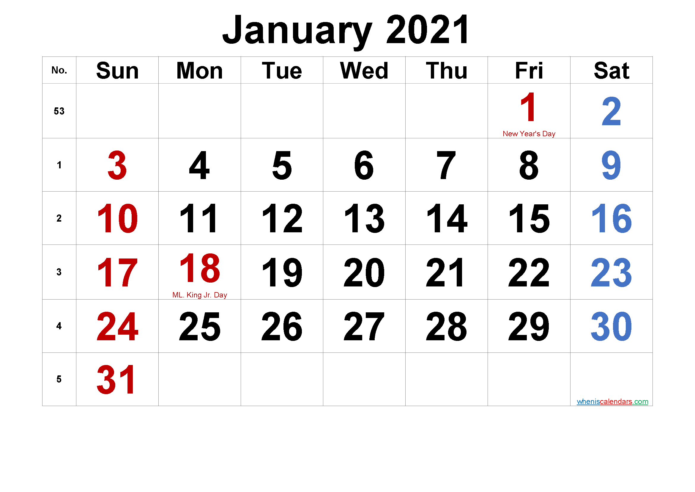 Free Printable January 2021 Calendar With Holidays