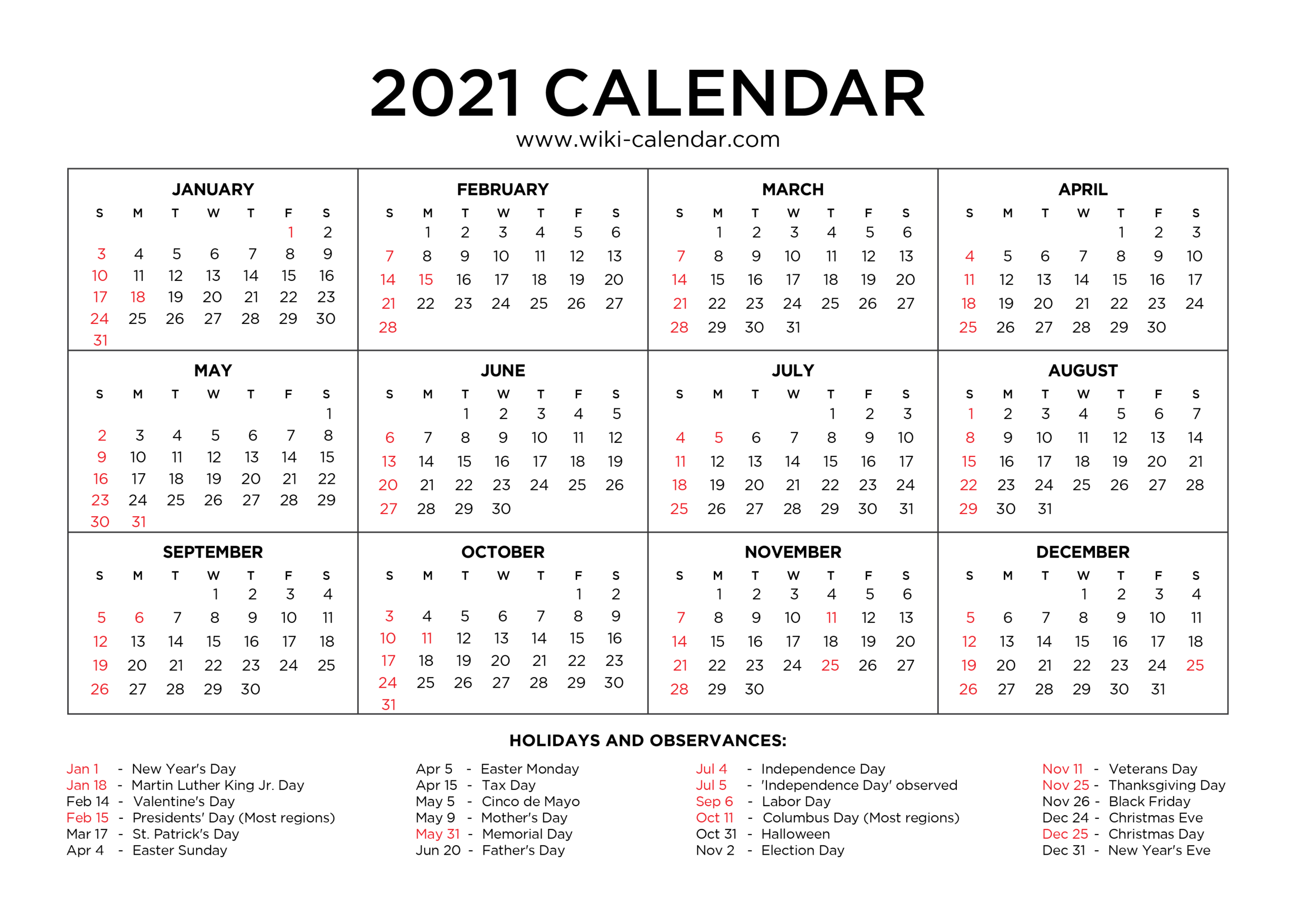 2021 Calendar Free Printable