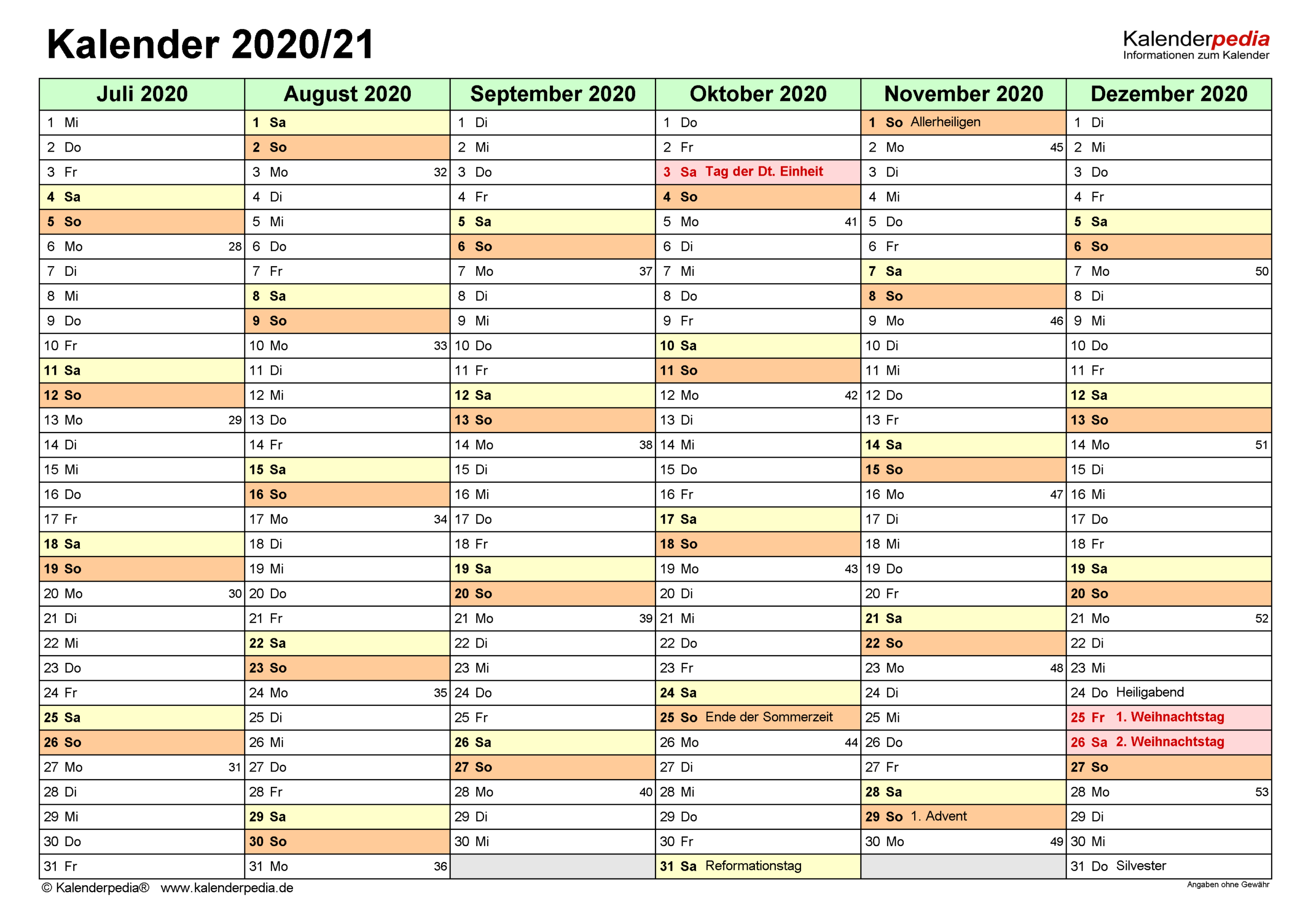 Halbjahreskalender 2020/2021 Als Word-Vorlagen Zum Ausdrucken