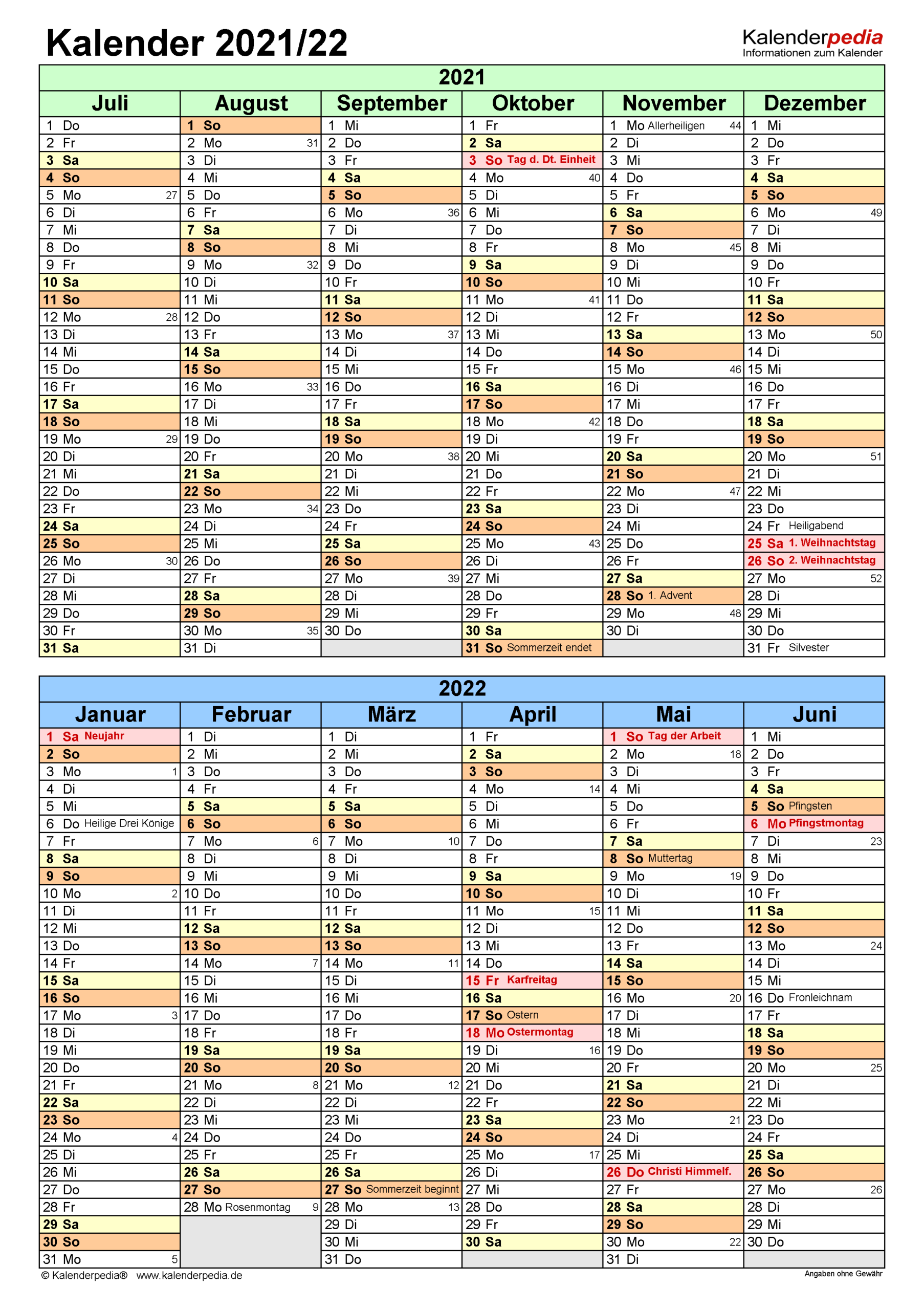 Halbjahreskalender 2021/2022 Als Word-Vorlagen Zum Ausdrucken