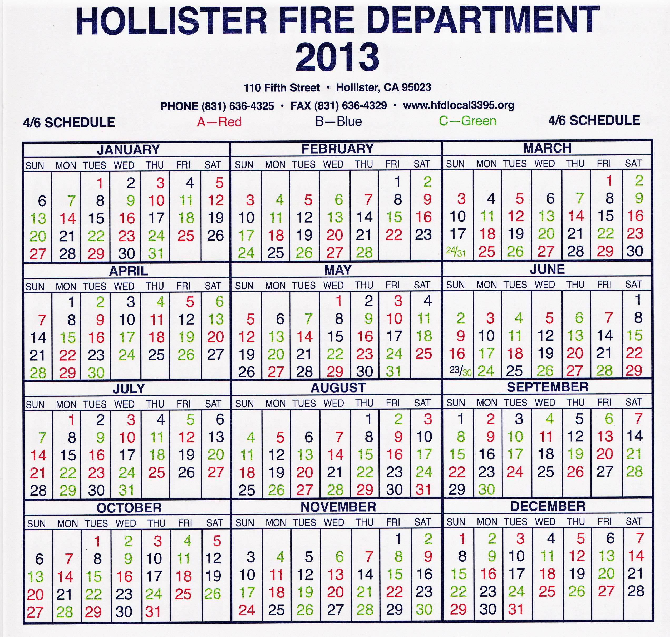 Hollister Fire Department Local 3395 - Shift Calendar