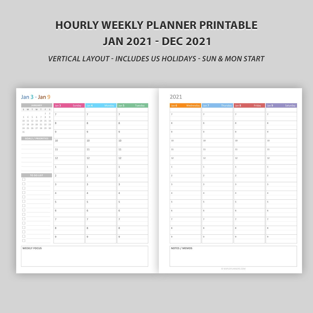 Hourly Weekly Planner 2021 Vertical Layout - Maple Art Studio