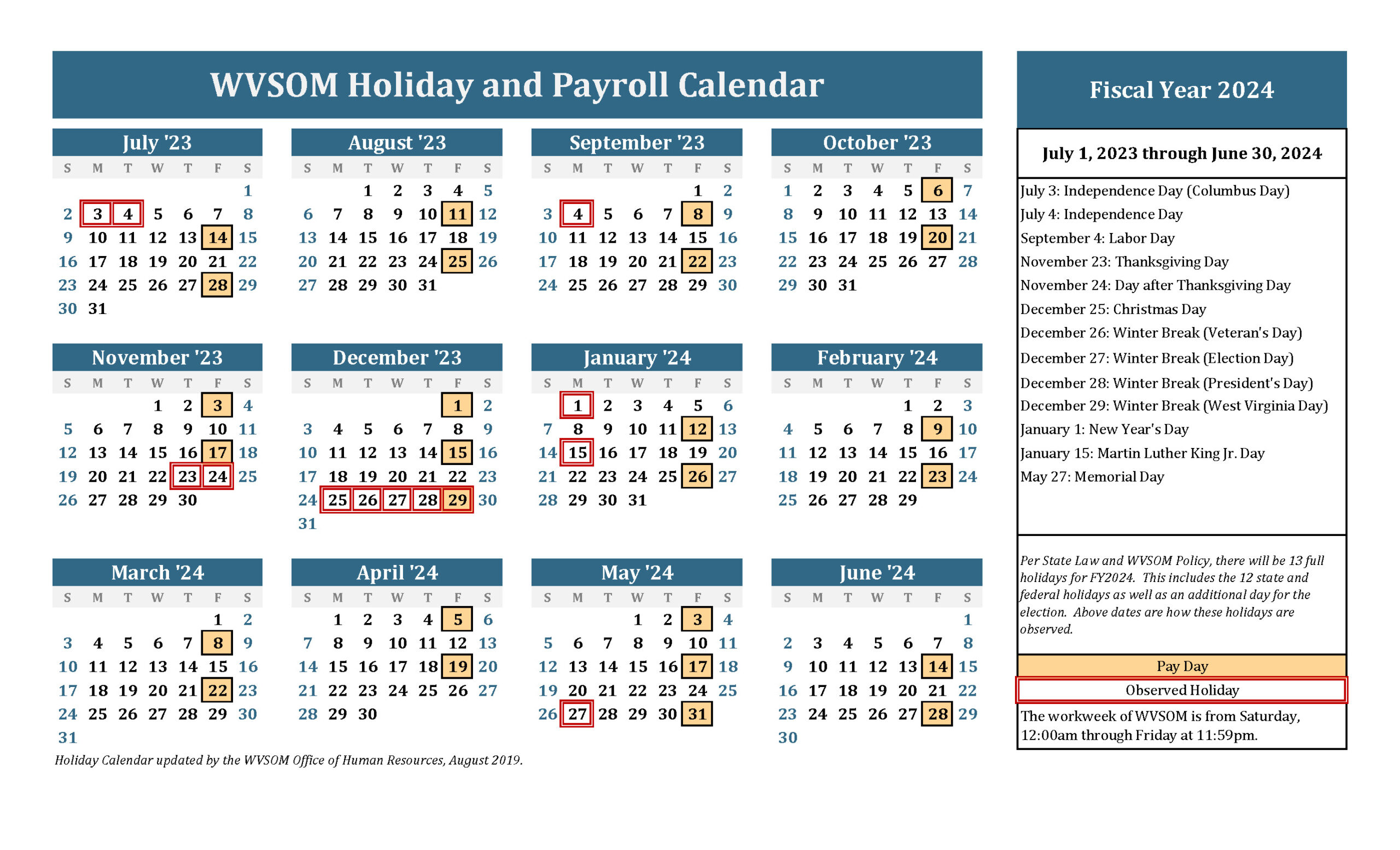 Human Resources - Holiday Calendar | West Virginia School Of