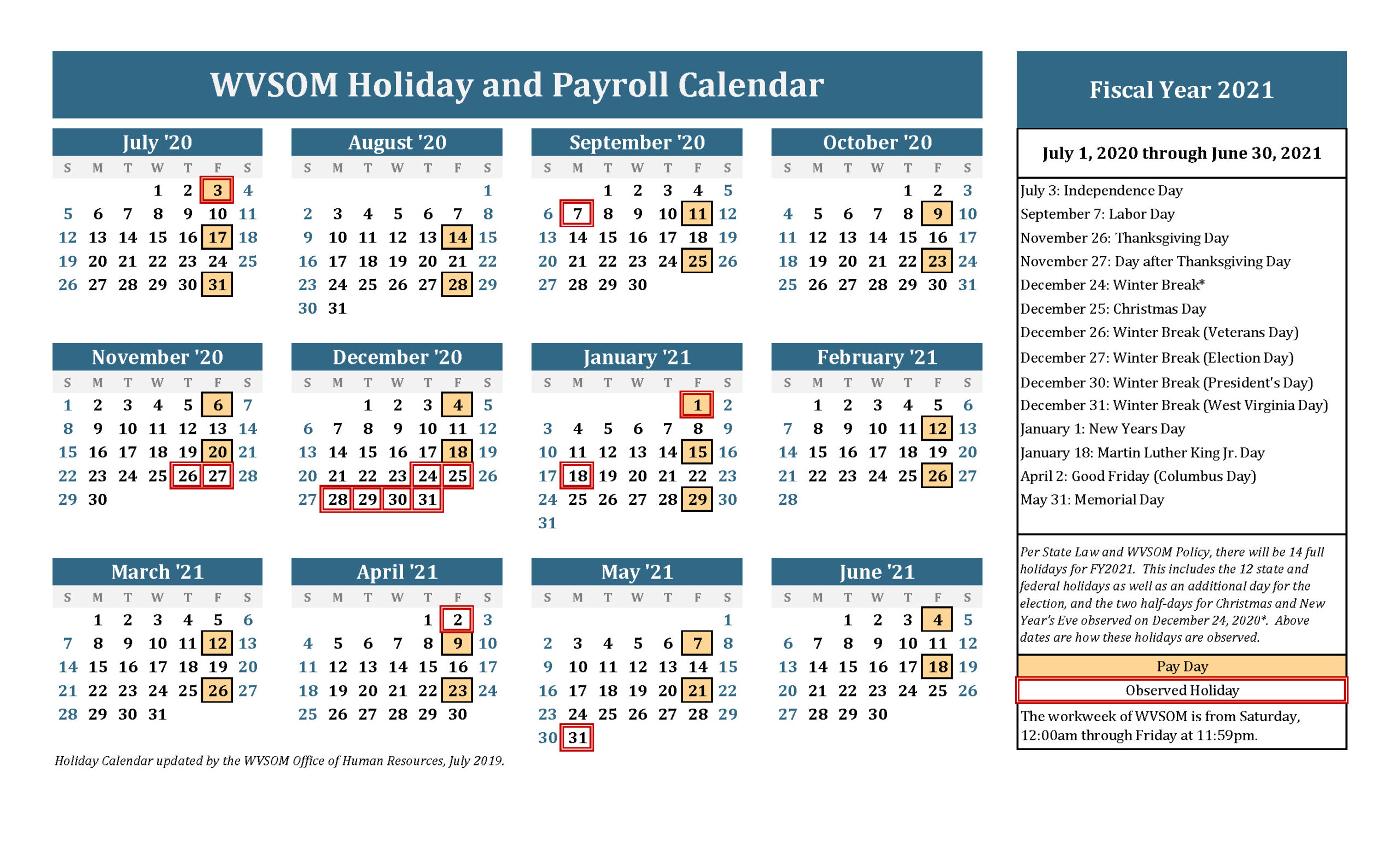 Human Resources - Holiday Calendar | West Virginia School Of