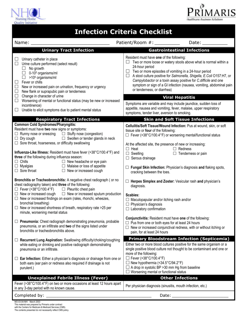 Infection Criteria Checklist