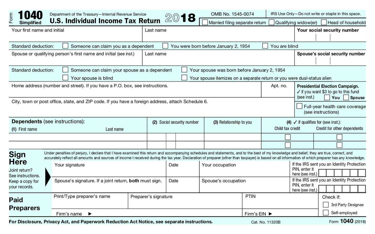 Irs And Treasury Preview Postcard-Size Draft Form 1040