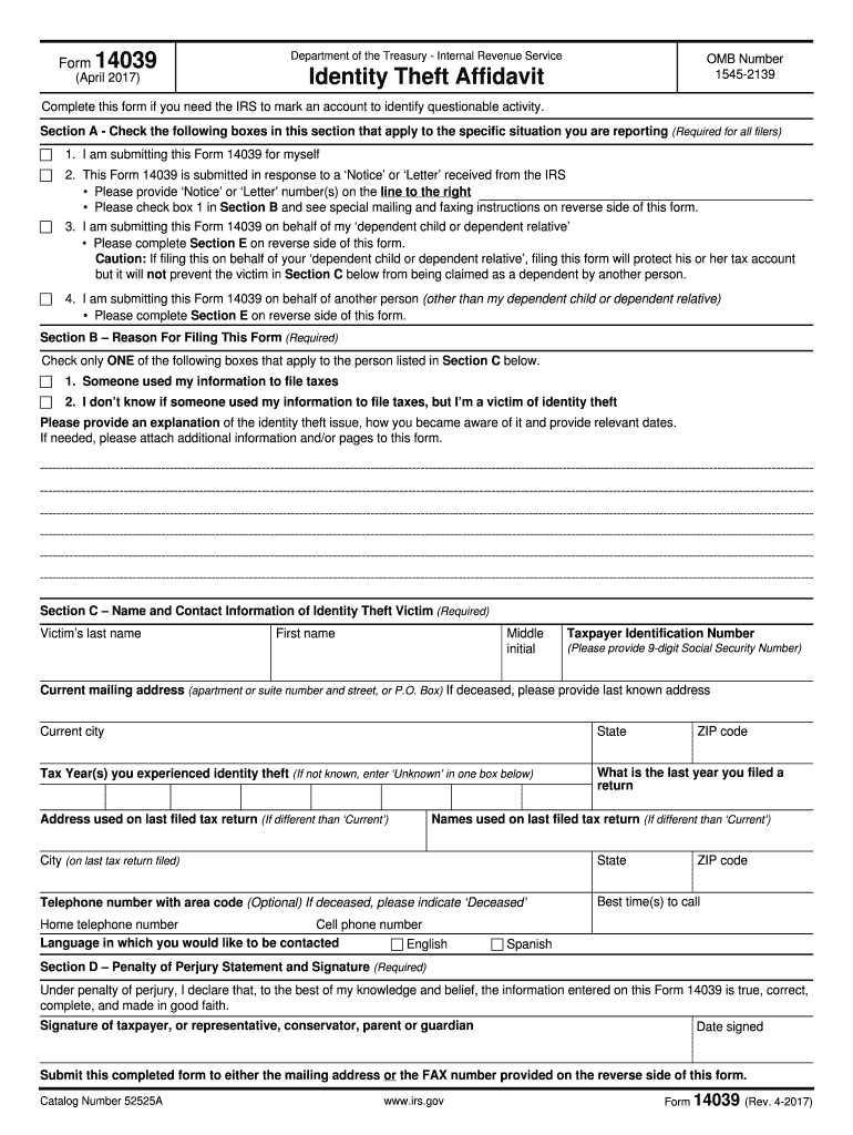 Irs Form 14039 Printable - Fill Out And Sign Printable Pdf Template |  Signnow