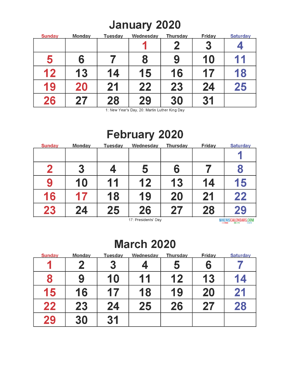 Jan Feb Mar 2020 Calendar 3 Months Per Page | Free Printable