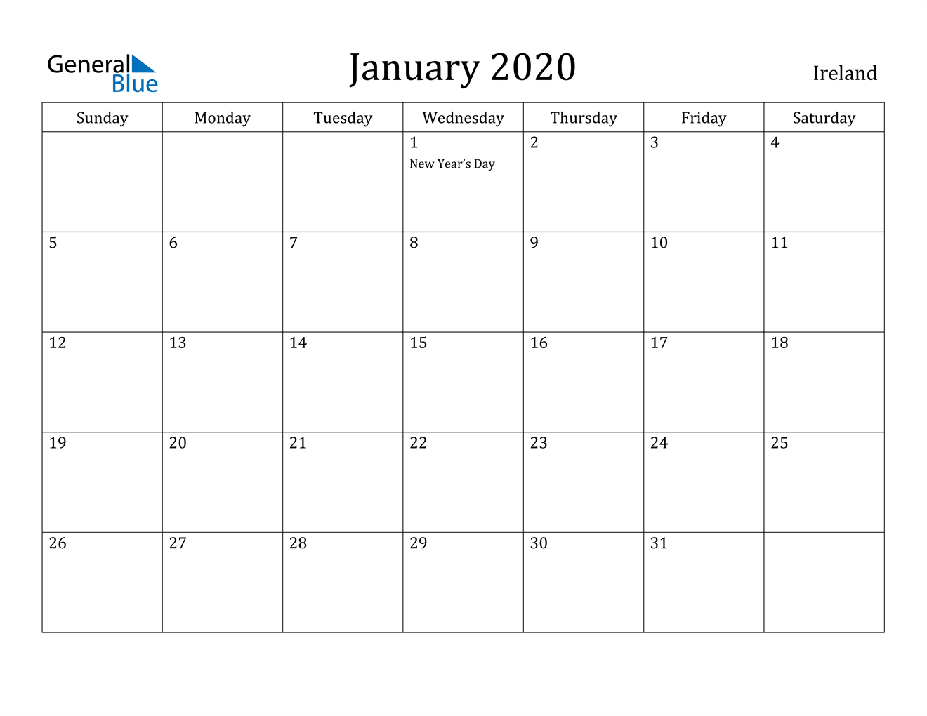 January 2020 Calendar - Ireland