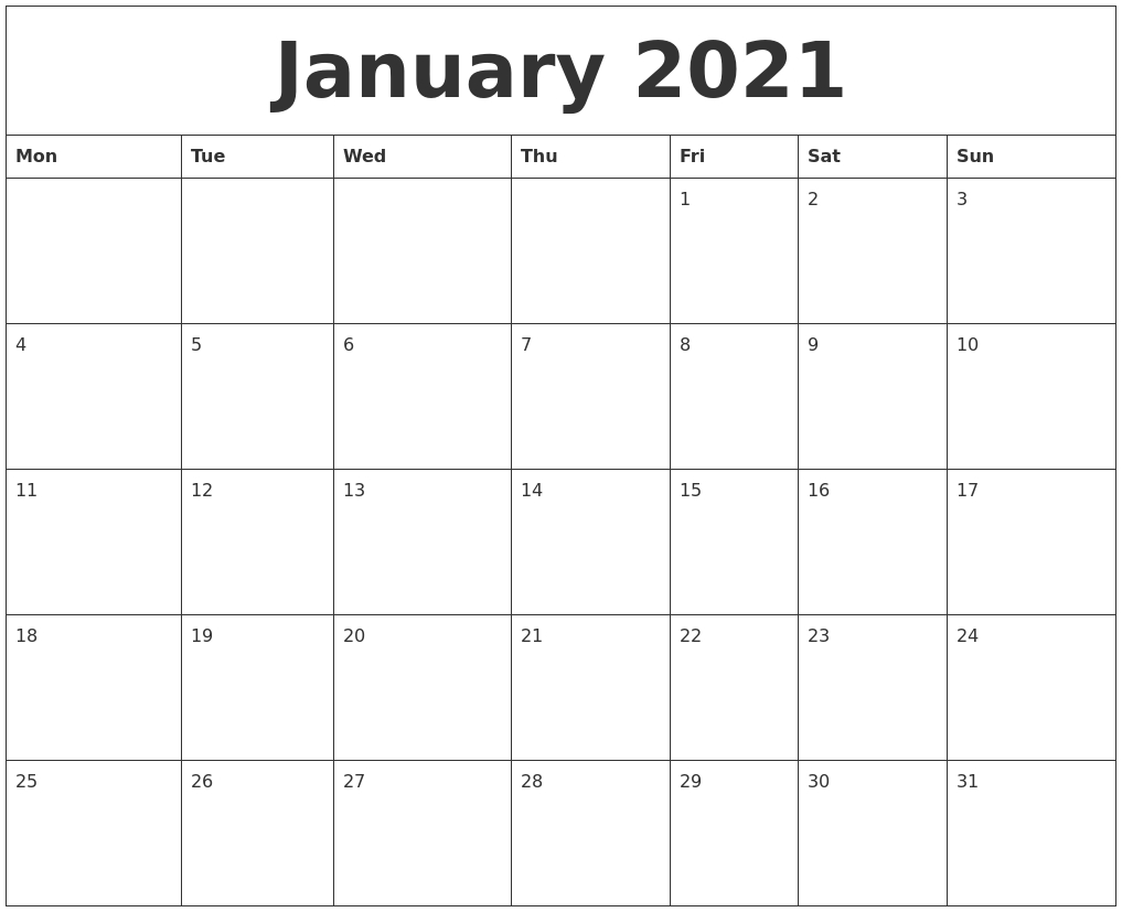 January 2021 Word Calendar