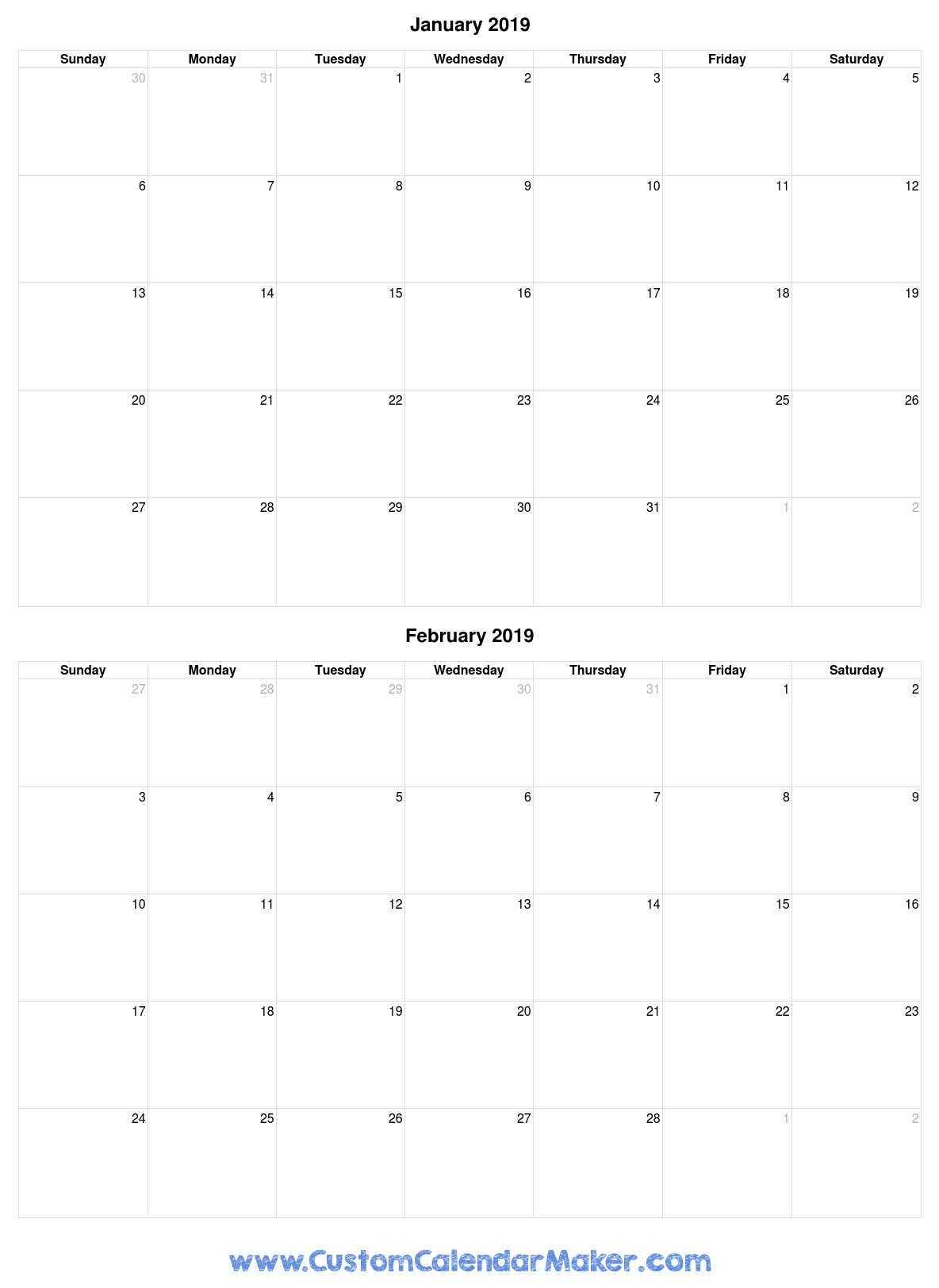Januray And February 2019 Free Printable Calendar Template