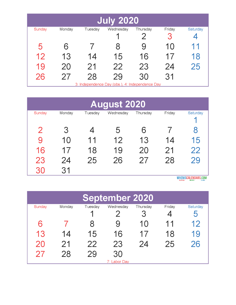 July August September 2020 Calendar 3 Months Per Page