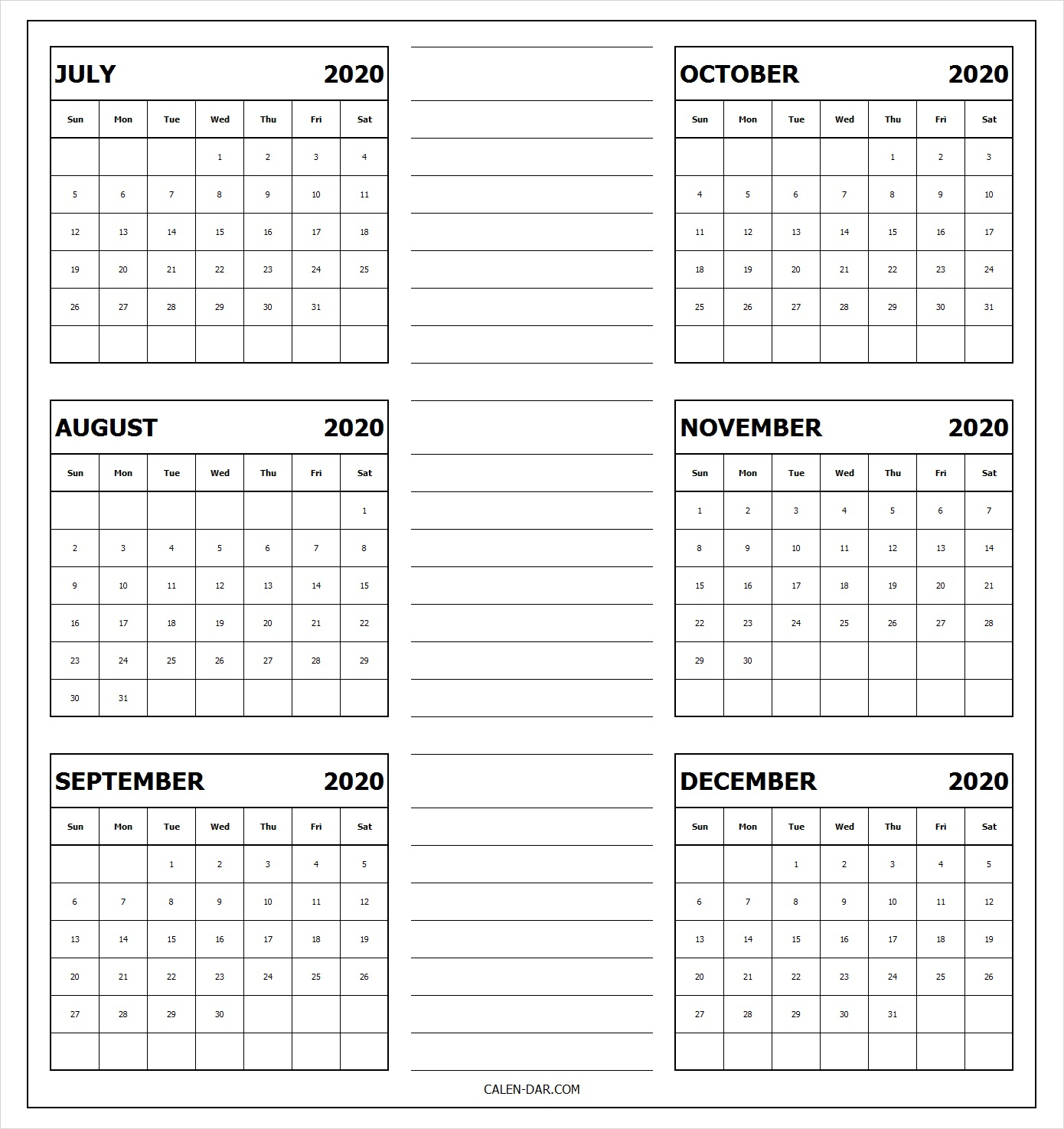 July To December Calendar 2020 Pages For Tumblr, Pinterest