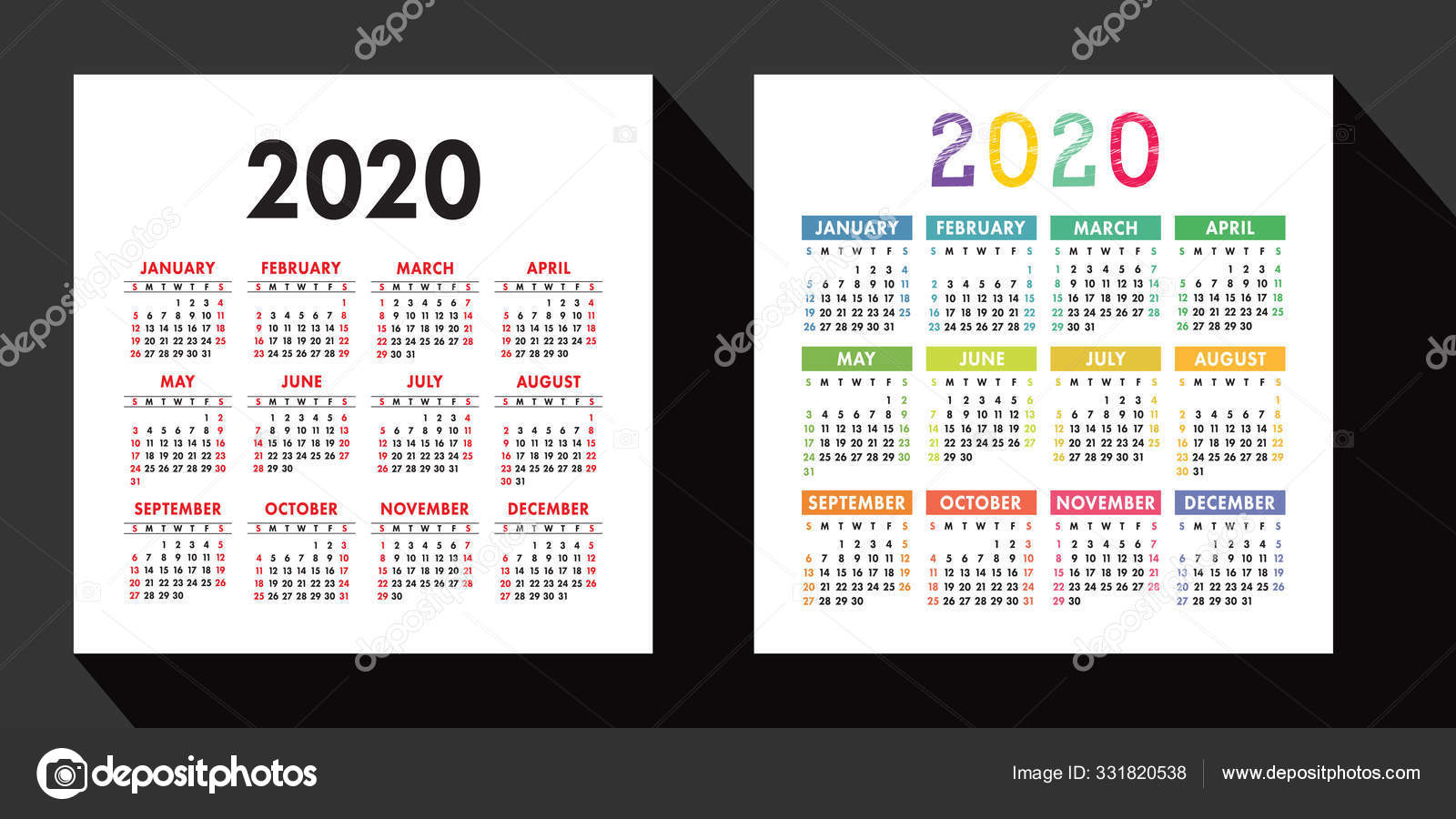 Kalender 2020 Jahr Festgelegt Vektor Design Vorlage