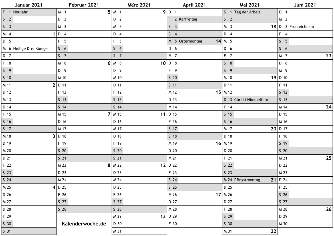 Kalender 2021 Mit Kalenderwochen Und Feiertagen In