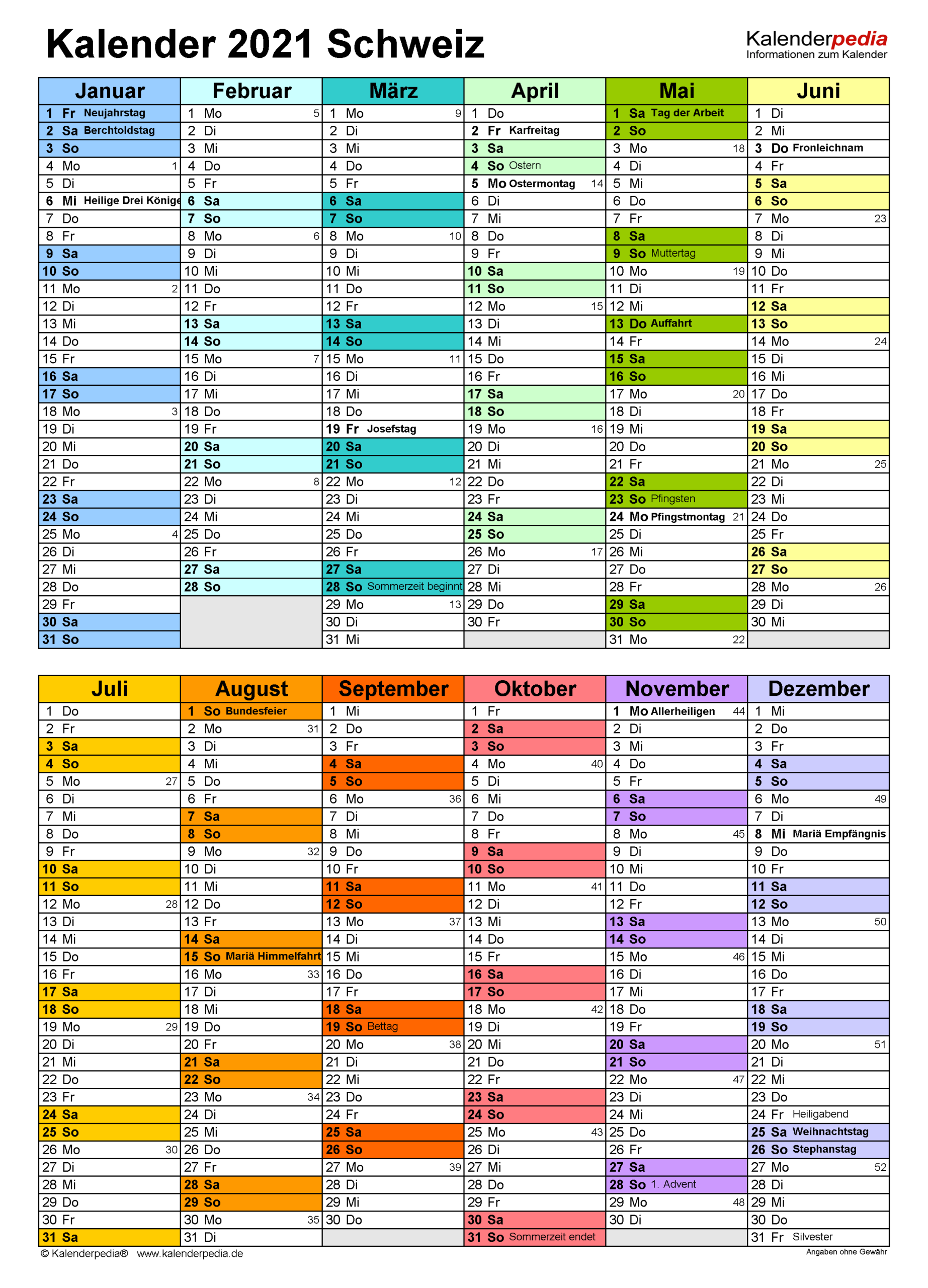 Kalender 2021 Schweiz In Excel Zum Ausdrucken