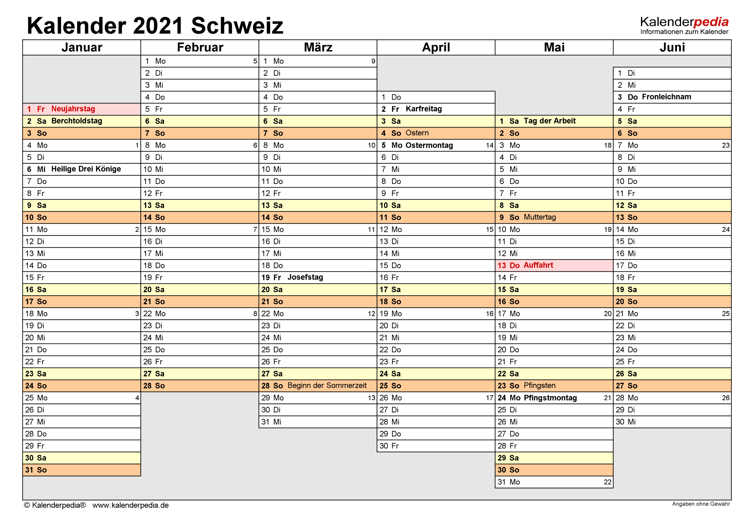 Kalender 2021 Schweiz In Excel Zum Ausdrucken