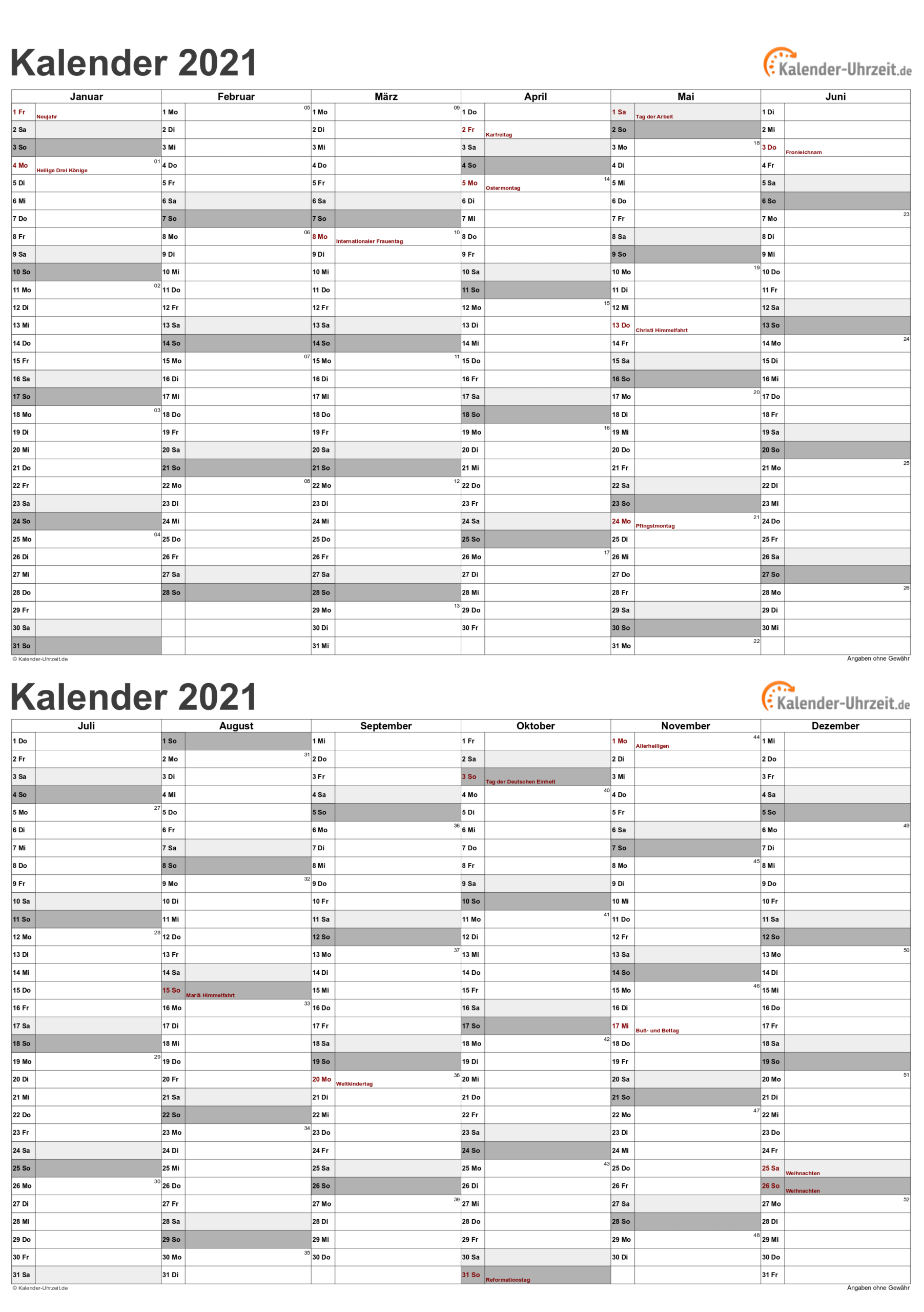 Kalender 2021 Zum Ausdrucken - Kostenlos