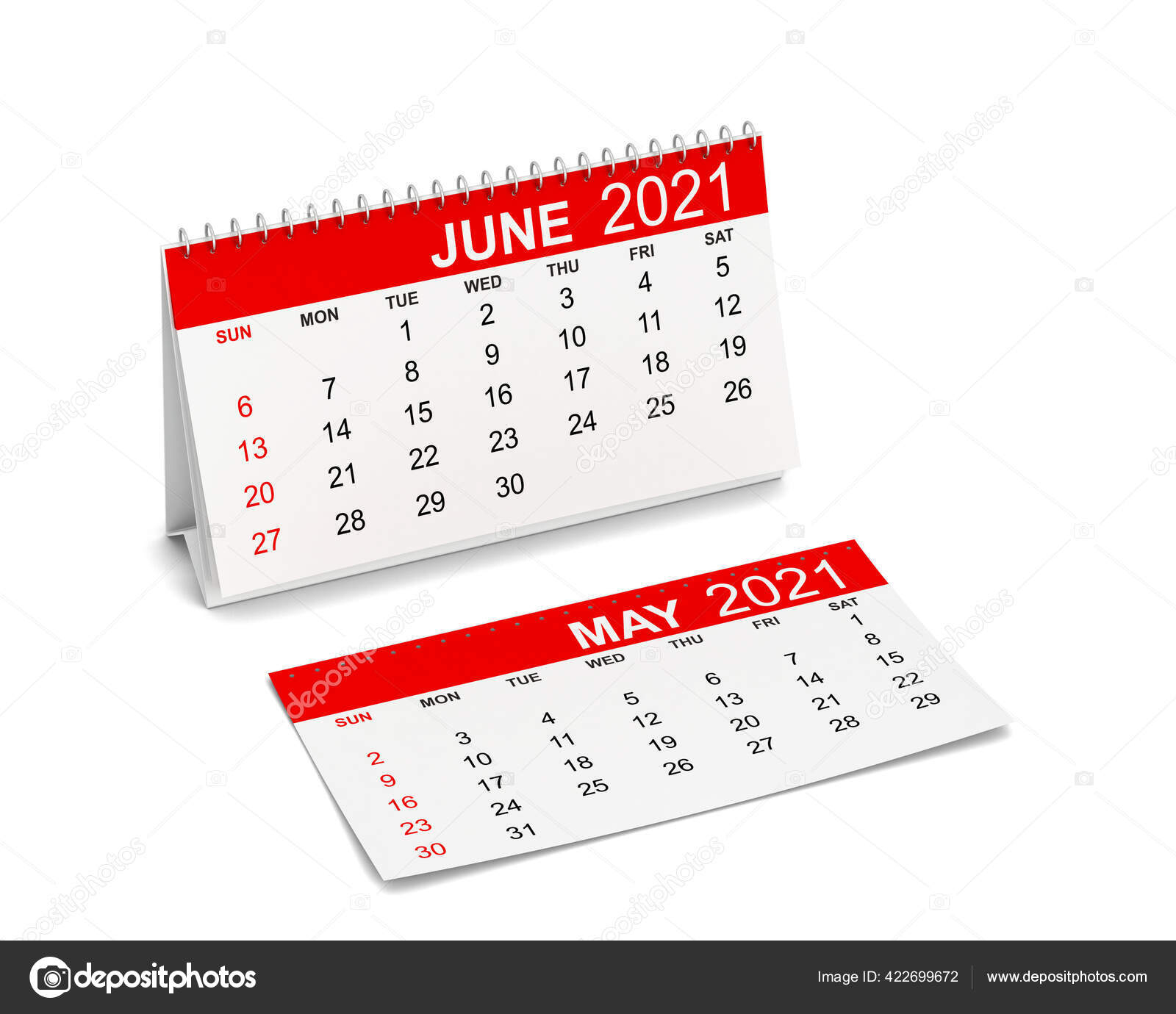 Kalender Für Das Jahr 2021. Die Woche Beginnt Mit Sonntag. 3D-Illustration  Isoliert Auf Weißem Hintergrund 422699672