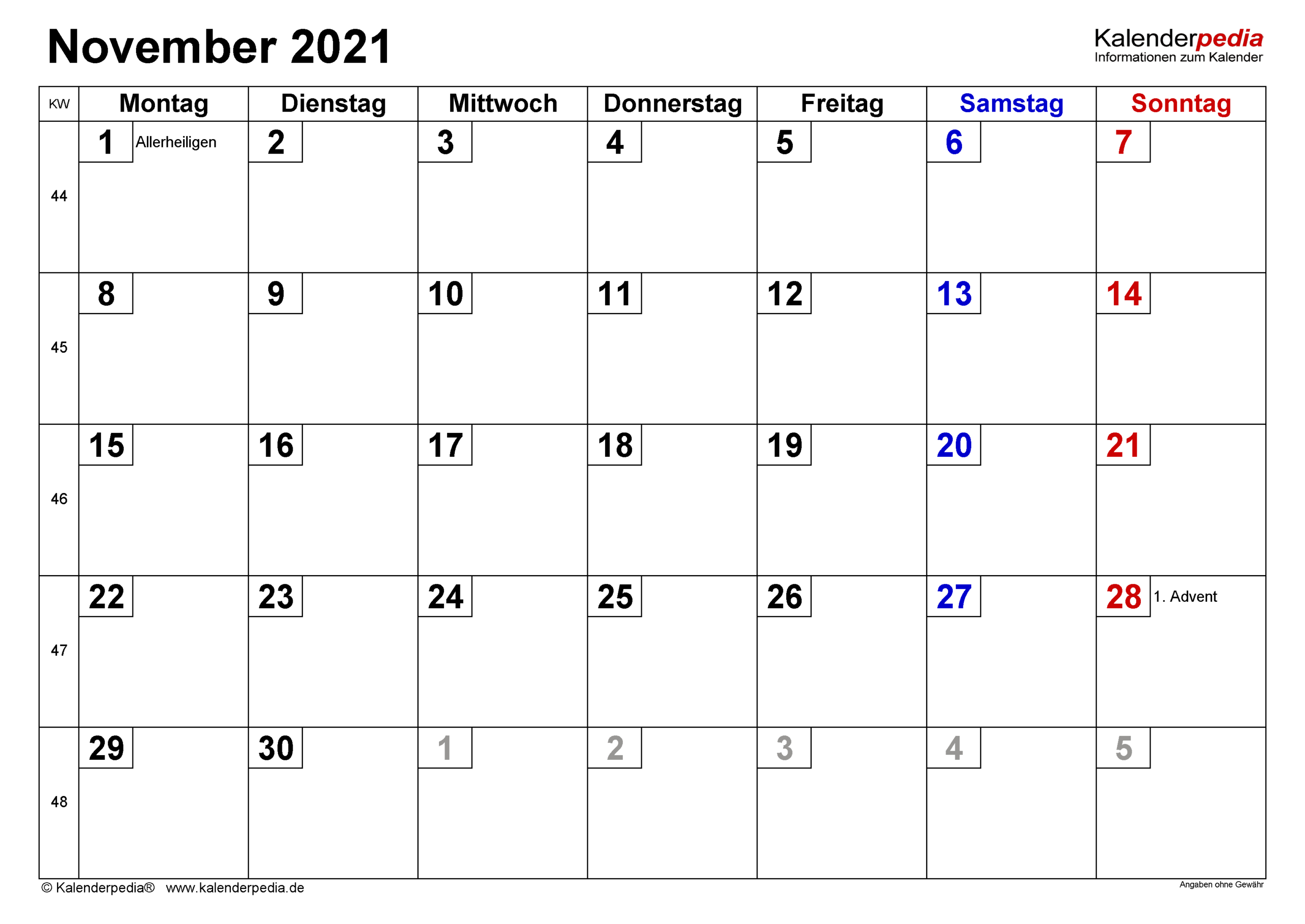 Kalender November 2021 Als Excel-Vorlagen