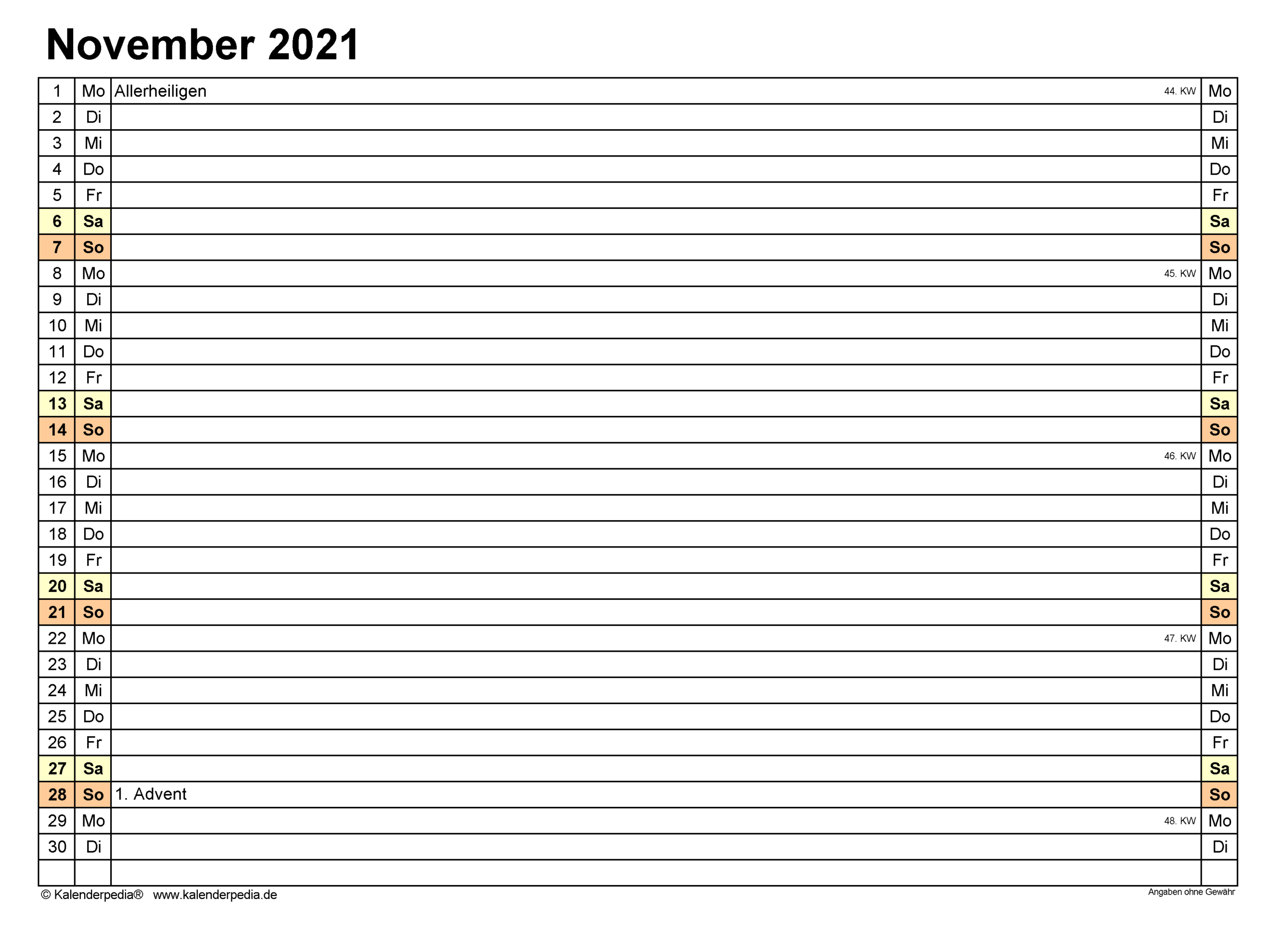 Kalender November 2021 Als Excel-Vorlagen