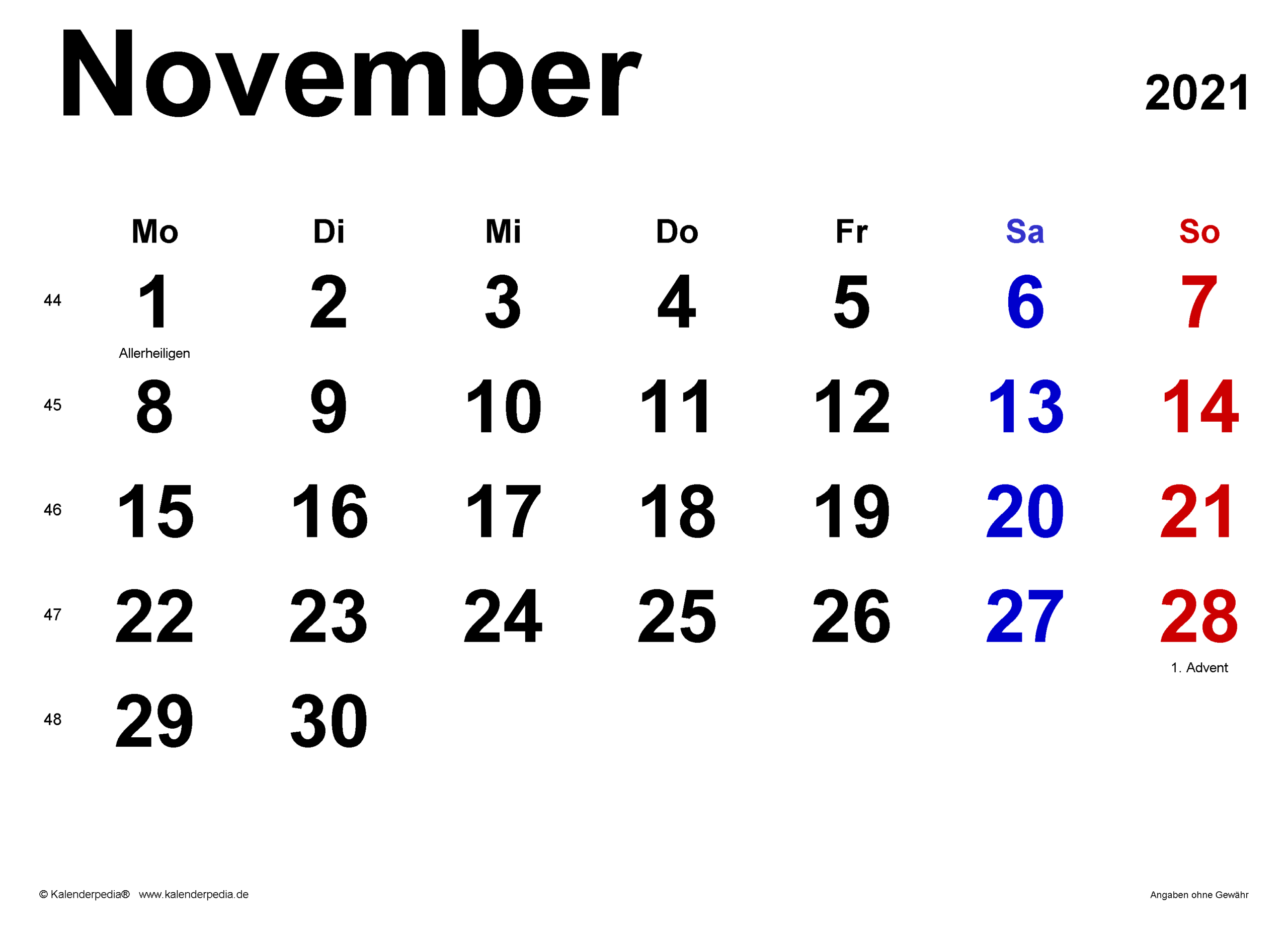 Kalender November 2021 Als Excel-Vorlagen