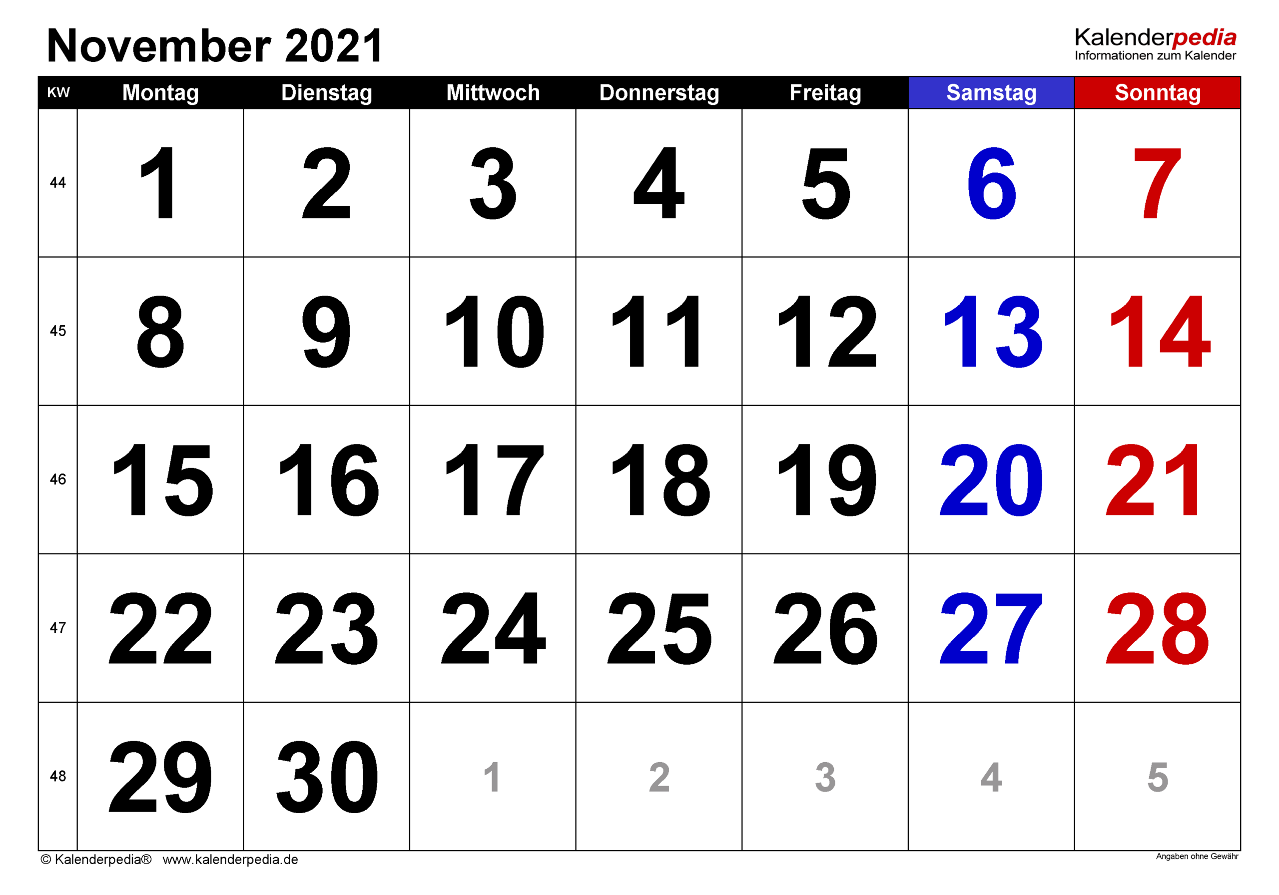 Kalender November 2021 Als Excel-Vorlagen