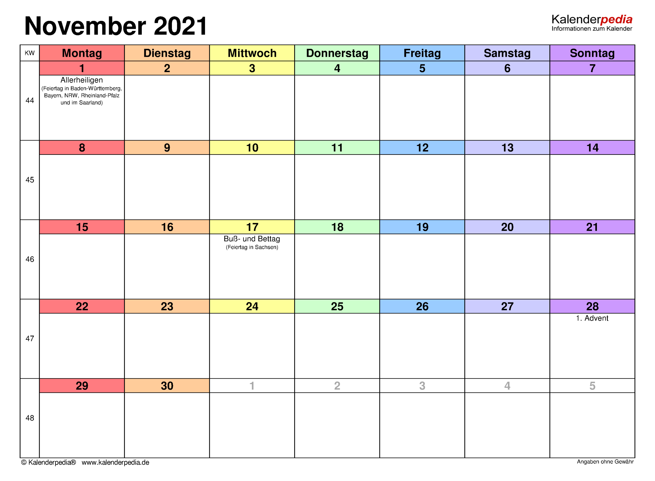 Kalender November 2021 Als Excel-Vorlagen