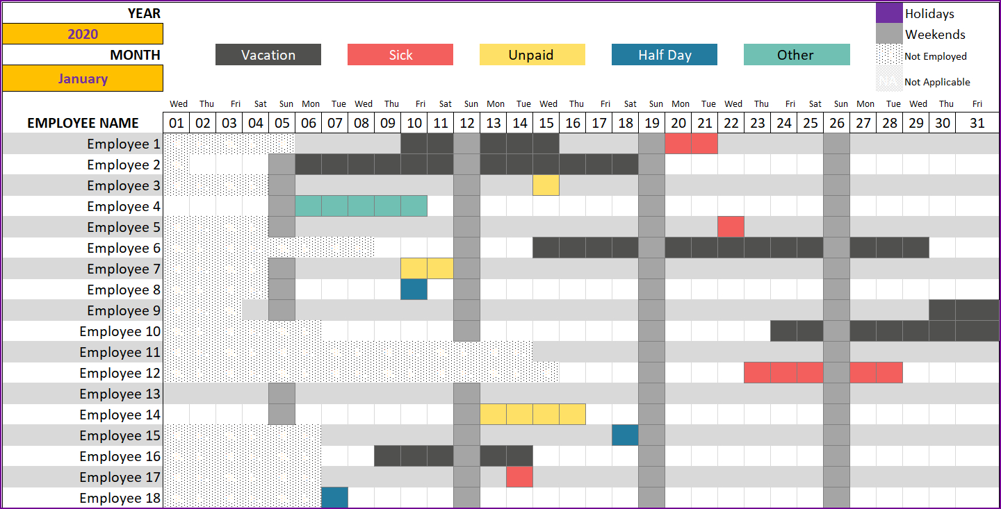 Leave Tracker &amp; Employee Vacation Tracker Excel Template 2020