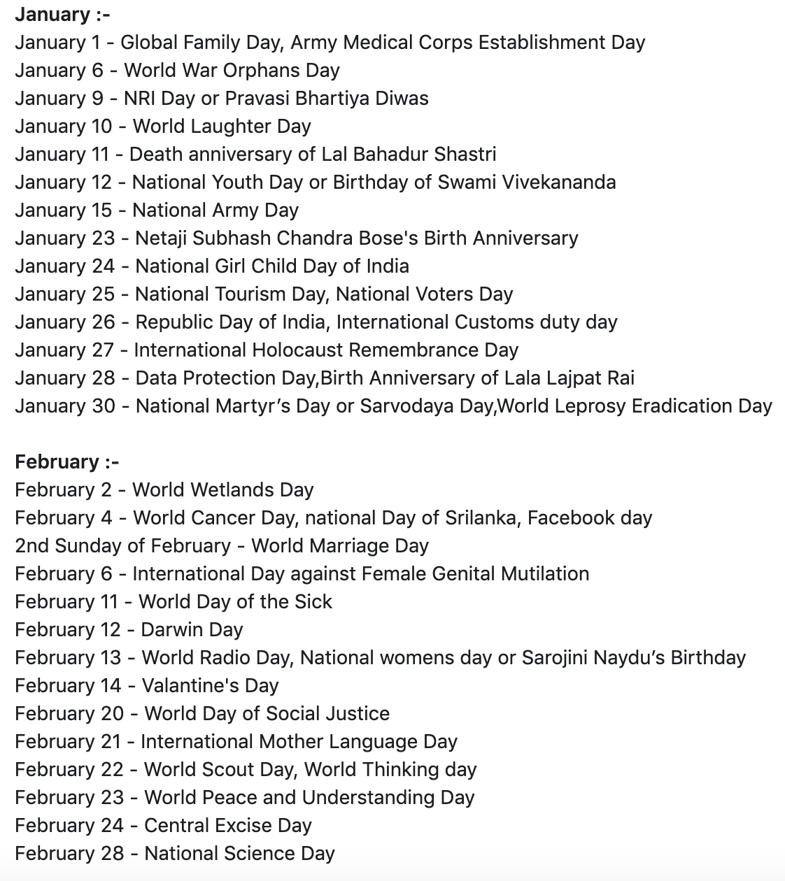 List Of National And International Days | Month Wise