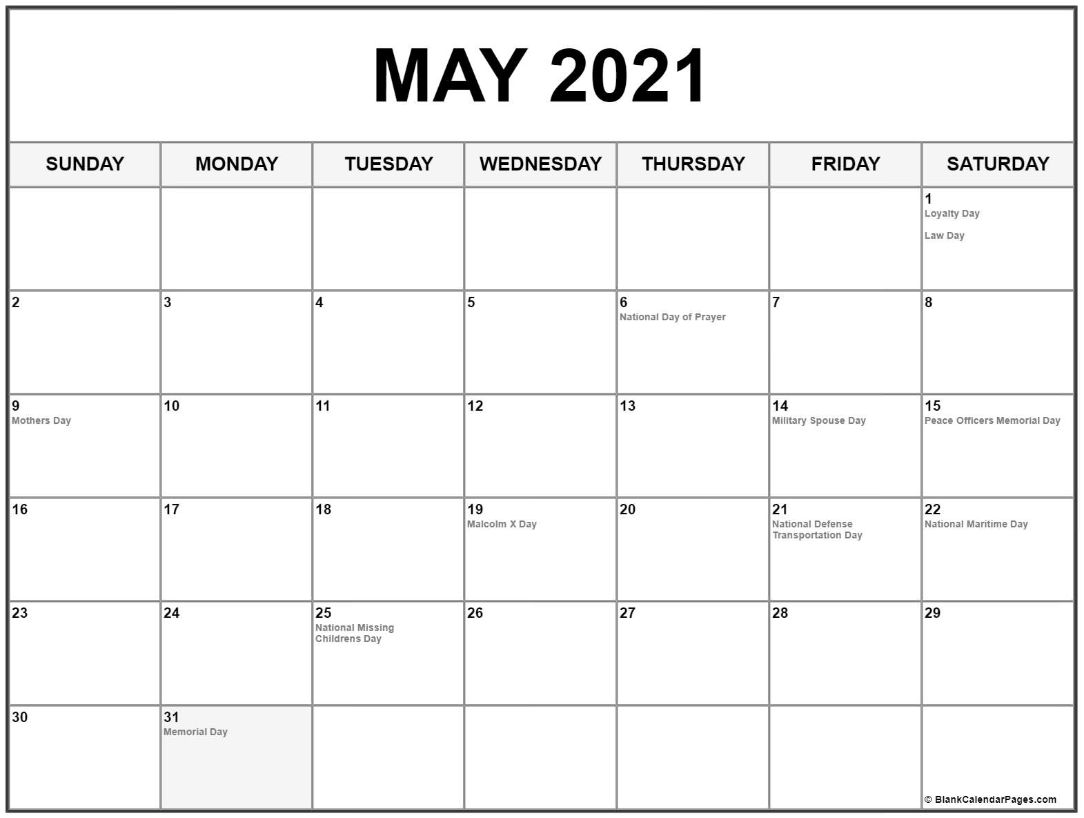 May 2021 Calendar With Holidays