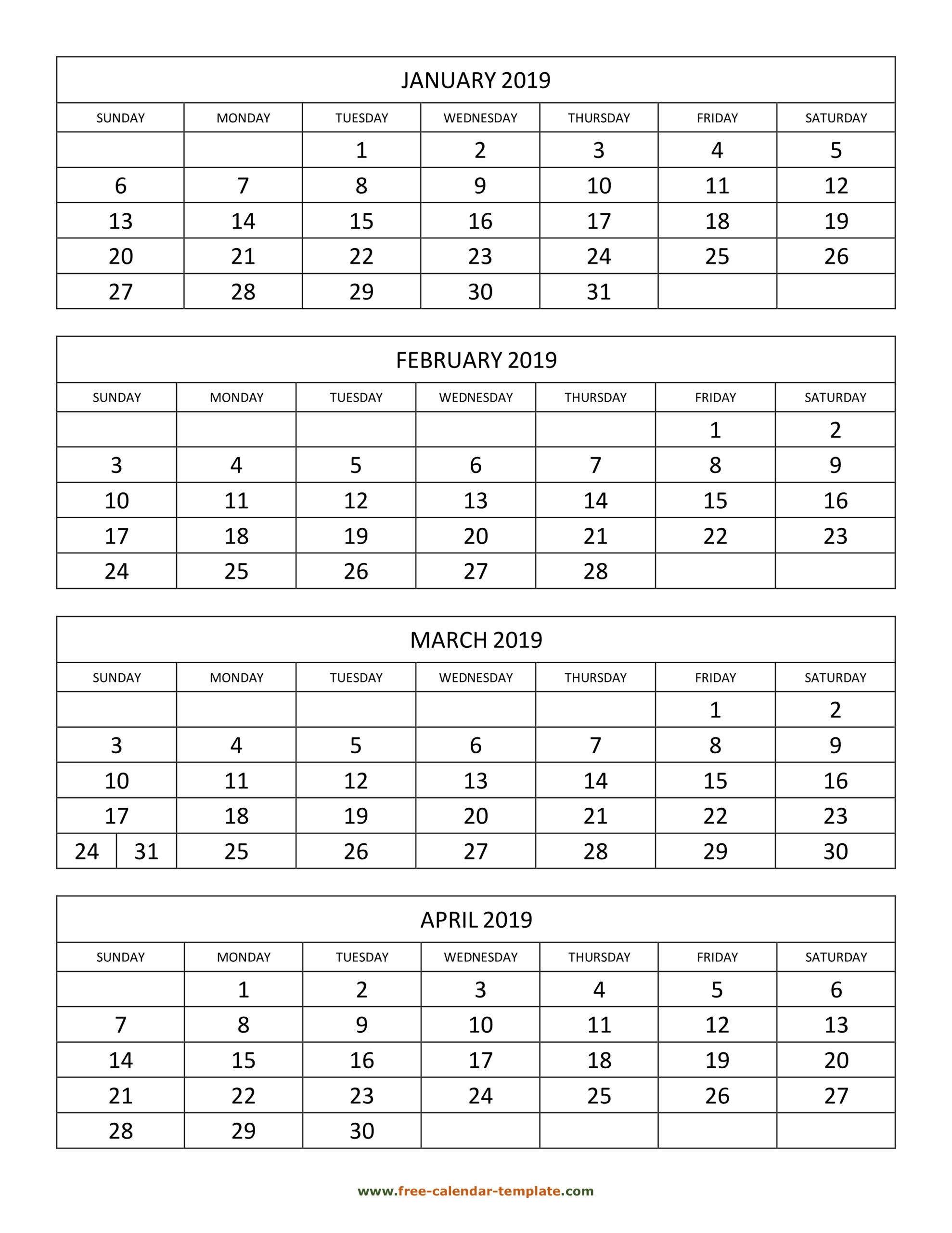 Monthly 2019 Calendar 4 Months Per Page (Vertical) | Free