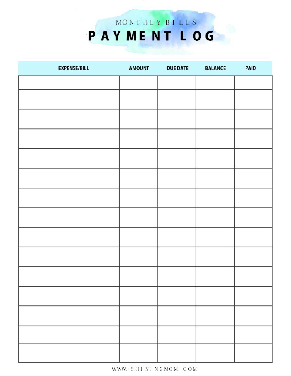 Monthly Bills Payment Log Template Download Printable Pdf