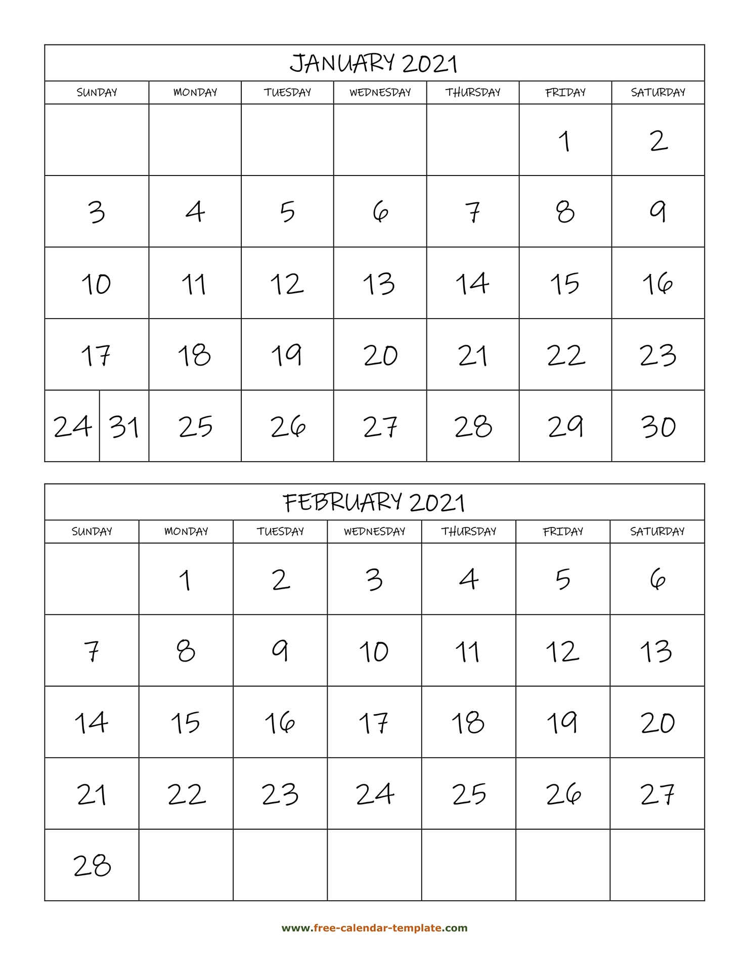 Monthly Calendar 2021, 2 Months Per Page (Vertical) | Free