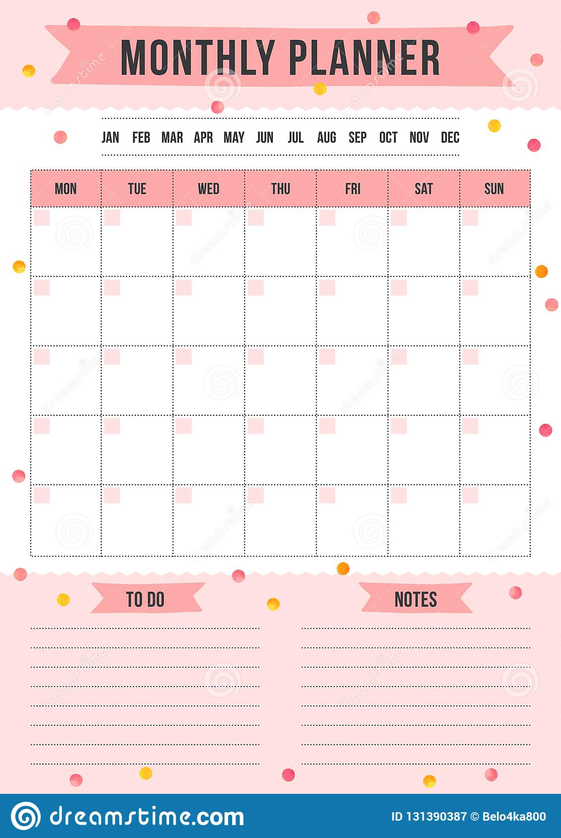Monthly Planner Page With Place For Notes. Stock Vector