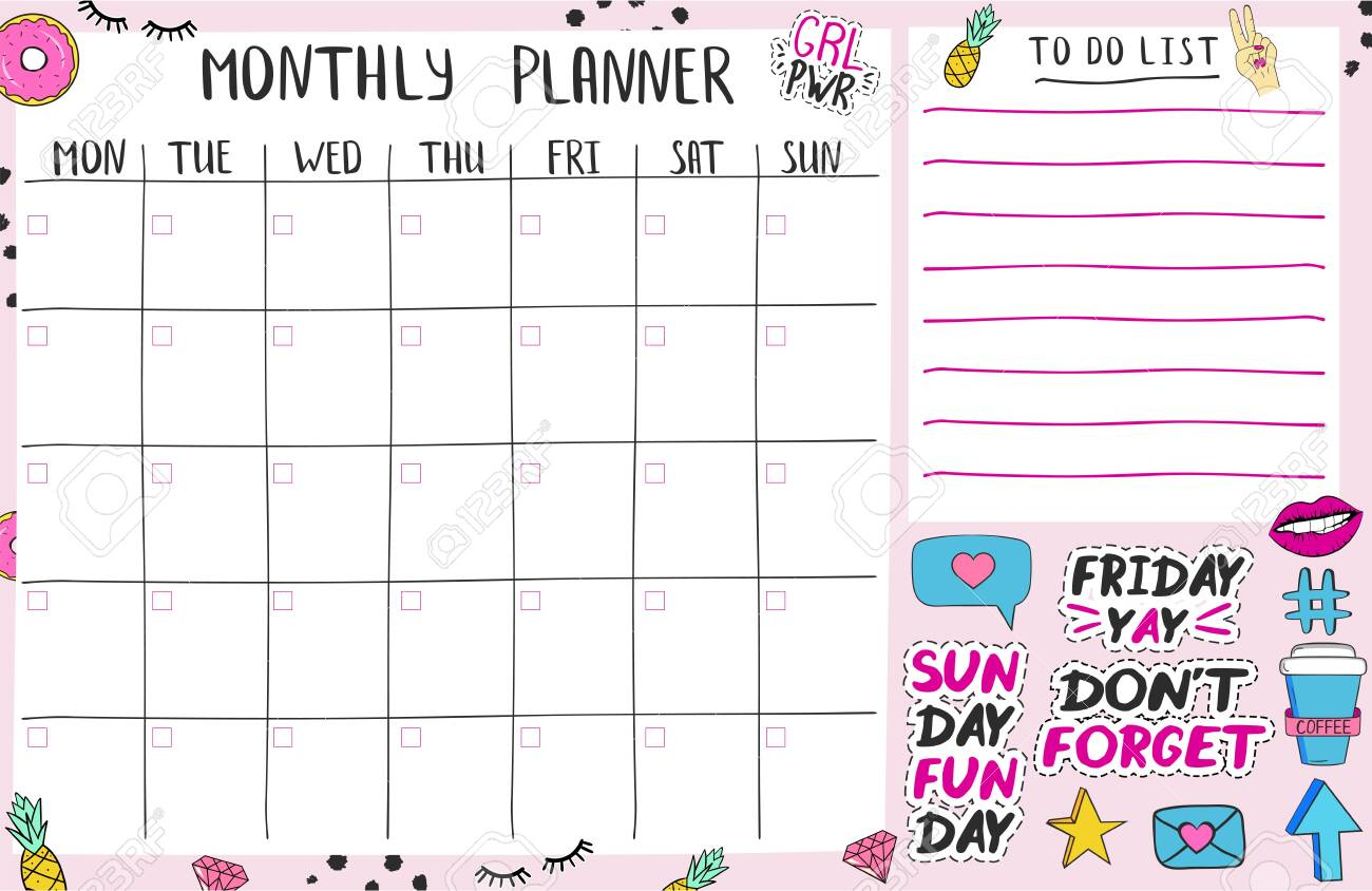 Monthly Planner Printable Page Template, With Cute Elents And..