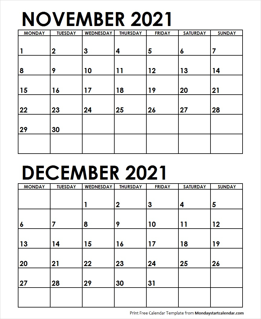 Nov Dec 2021 Calendar Monday Start | Editable Two Months