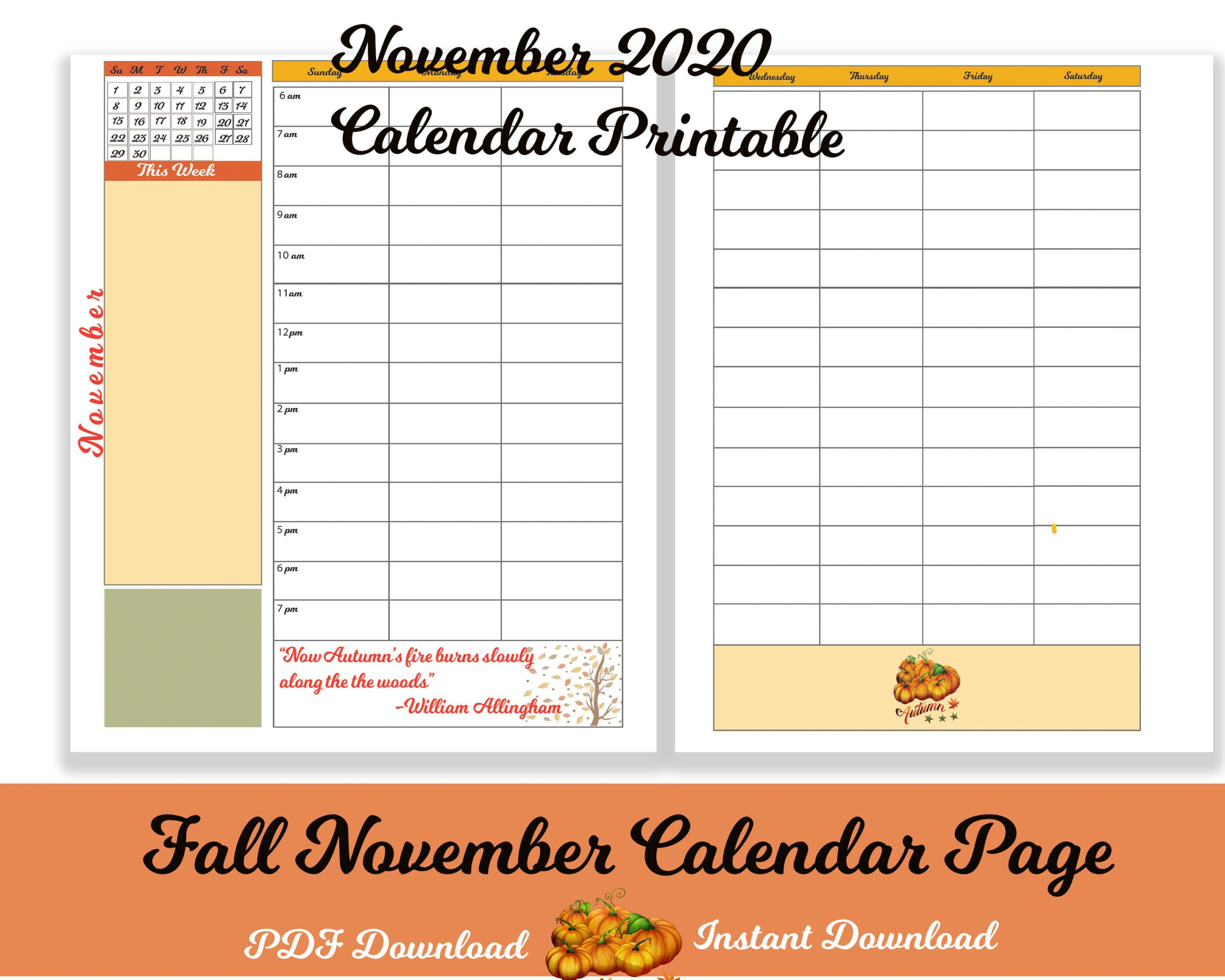 November 2020 Hourly Planner Printable Vertical Planner Page