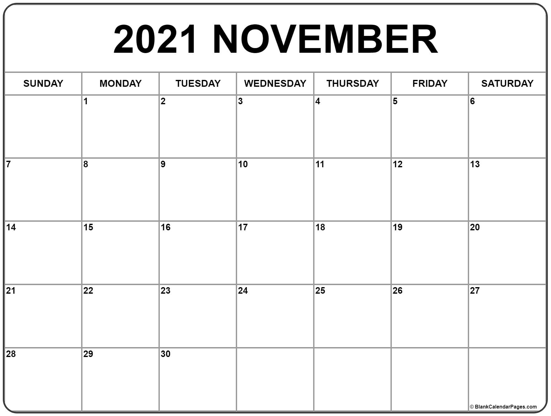 November Monthly Calendar 2021