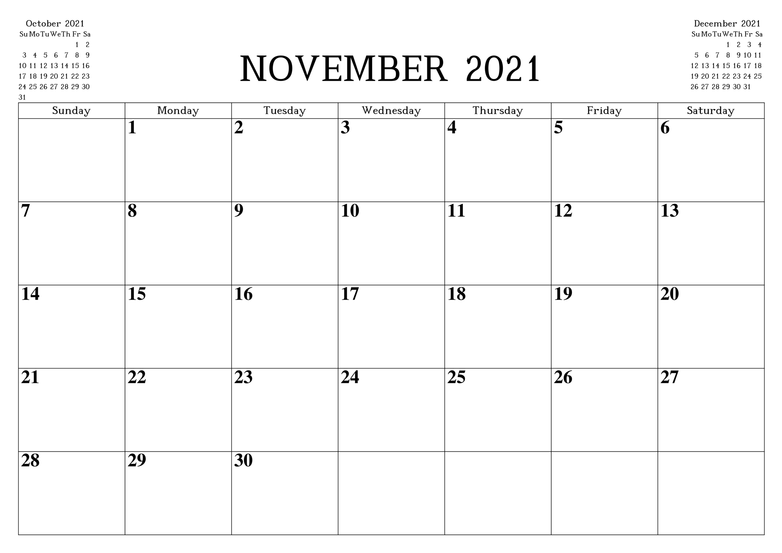 November 2021 Calendar Printable Template – Pdf, Word, Excel