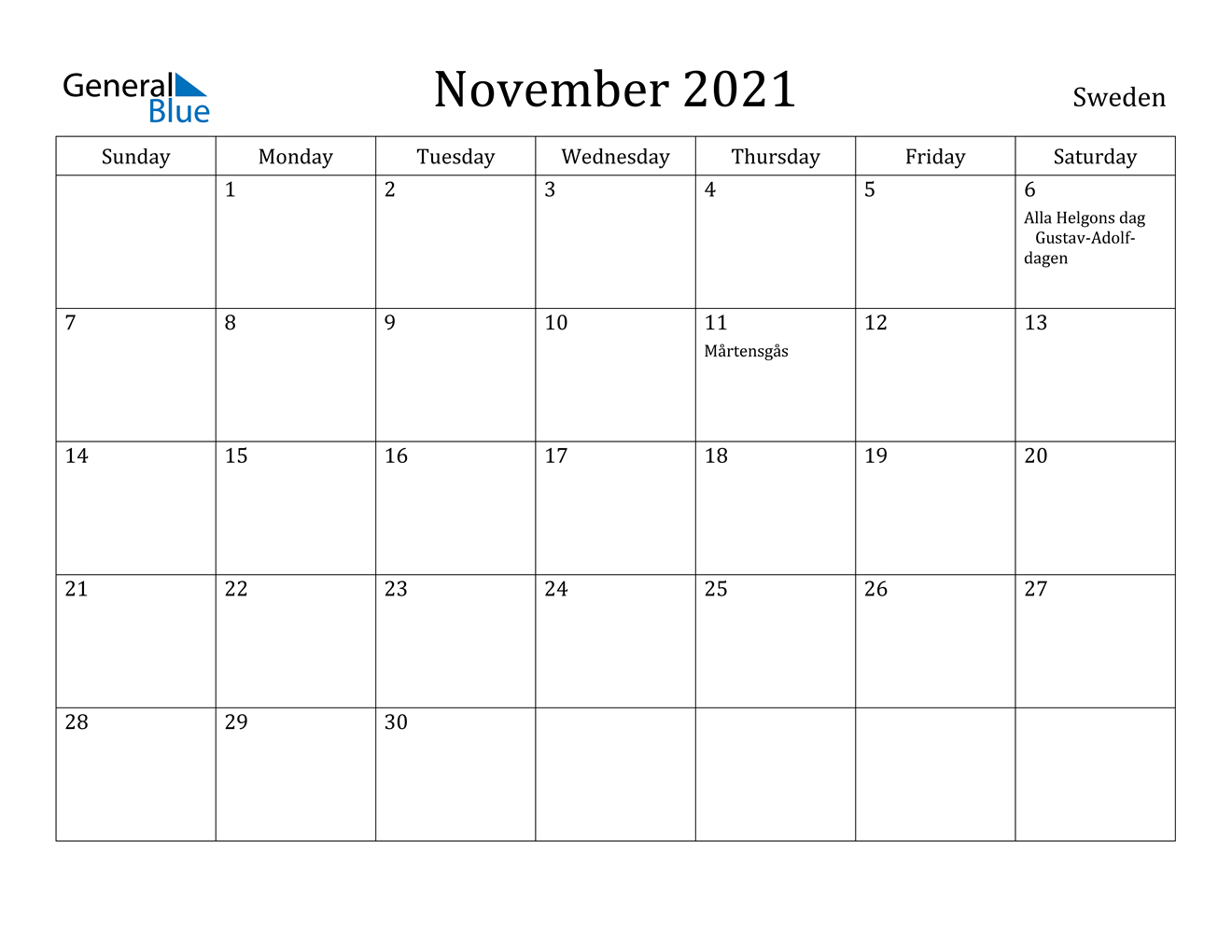 November 2021 Calendar - Sweden