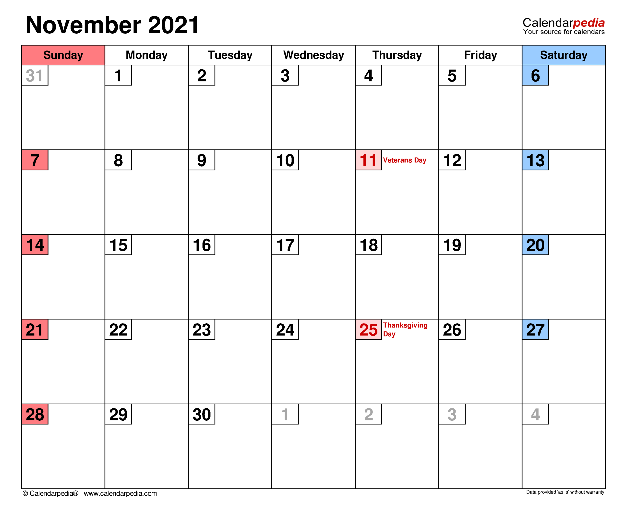 November 2021 Calendar | Templates For Word, Excel And Pdf